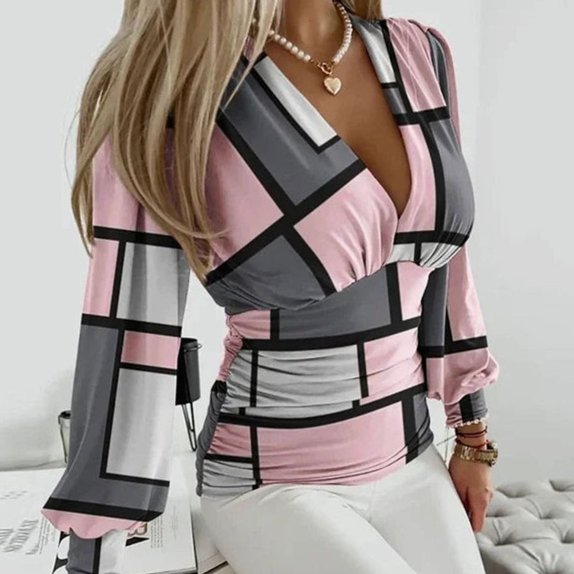 Women's Deep V-Neck Ruched Waist Blouse Long Sleeve - Geometric Pink & Grey