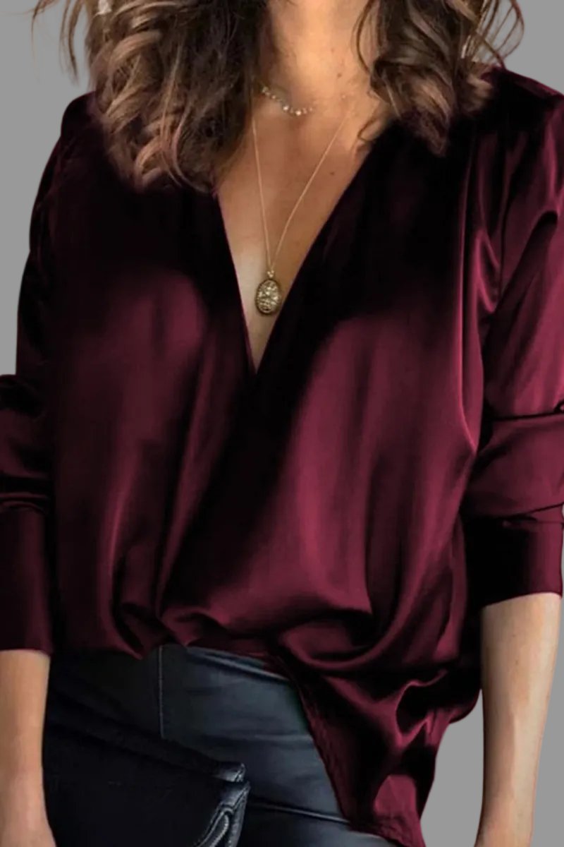 Women's Deep V-Neck Satin-Style Long Sleeve Draped Blouse - Burgundy