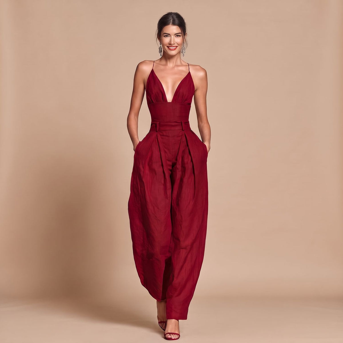 Women's Deep V-Neck Spaghetti Strap High-Waist Wide-Leg Jumpsuit - Red