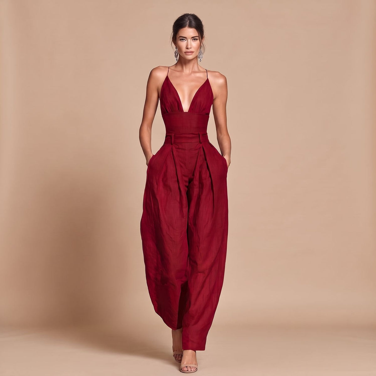 Women's Deep V-Neck Spaghetti Strap High-Waist Wide-Leg Jumpsuit