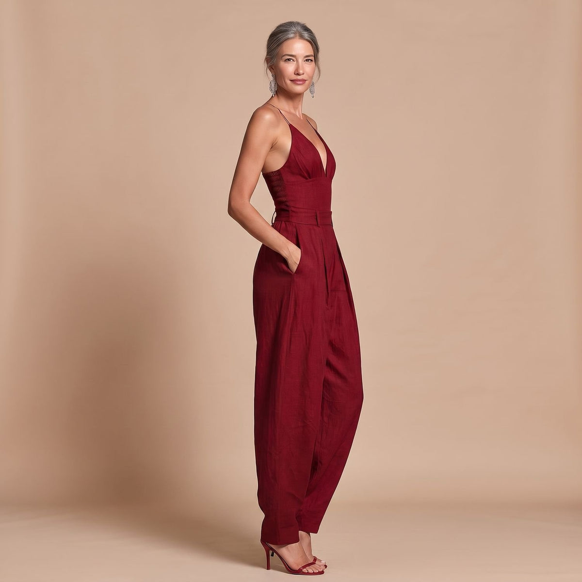 Women's Deep V-Neck Spaghetti Strap High-Waist Wide-Leg Jumpsuit