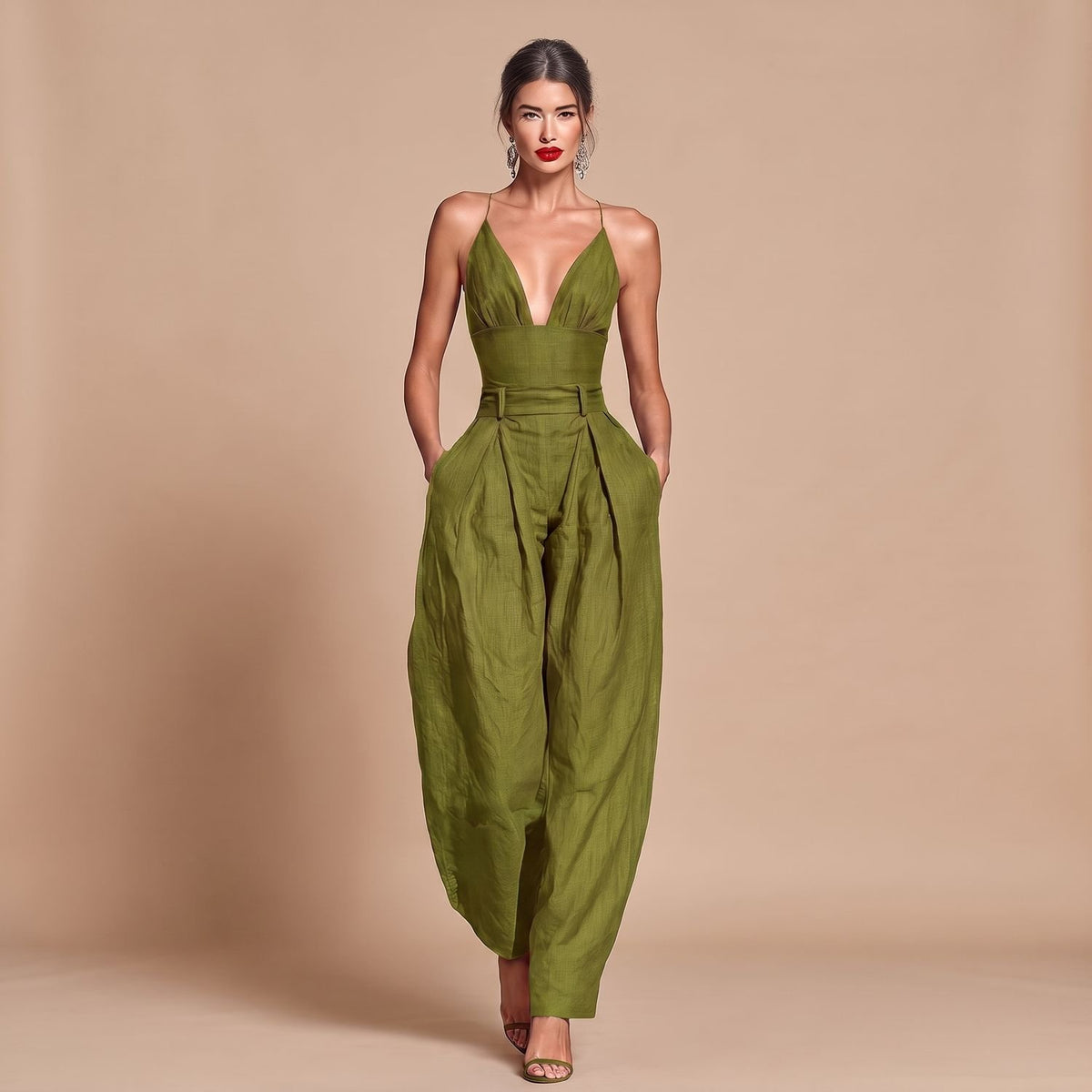 Women's Deep V-Neck Spaghetti Strap High-Waist Wide-Leg Jumpsuit - Green