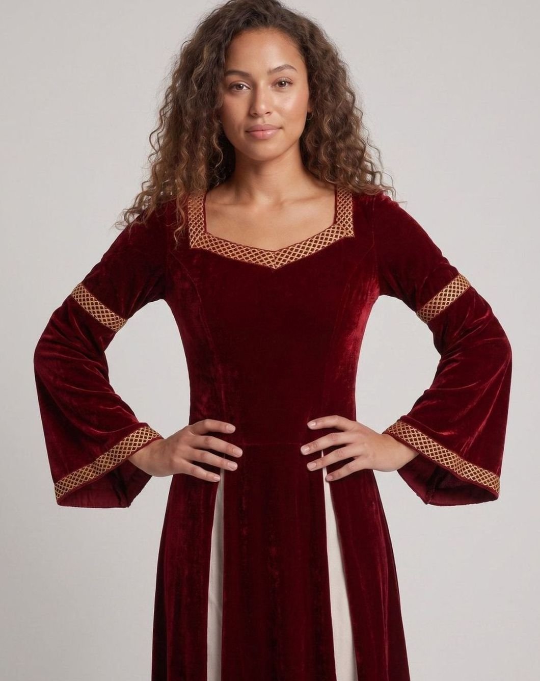 Women's Defined-Waist Velvet Maxi Dress Flowing Bell Sleeves