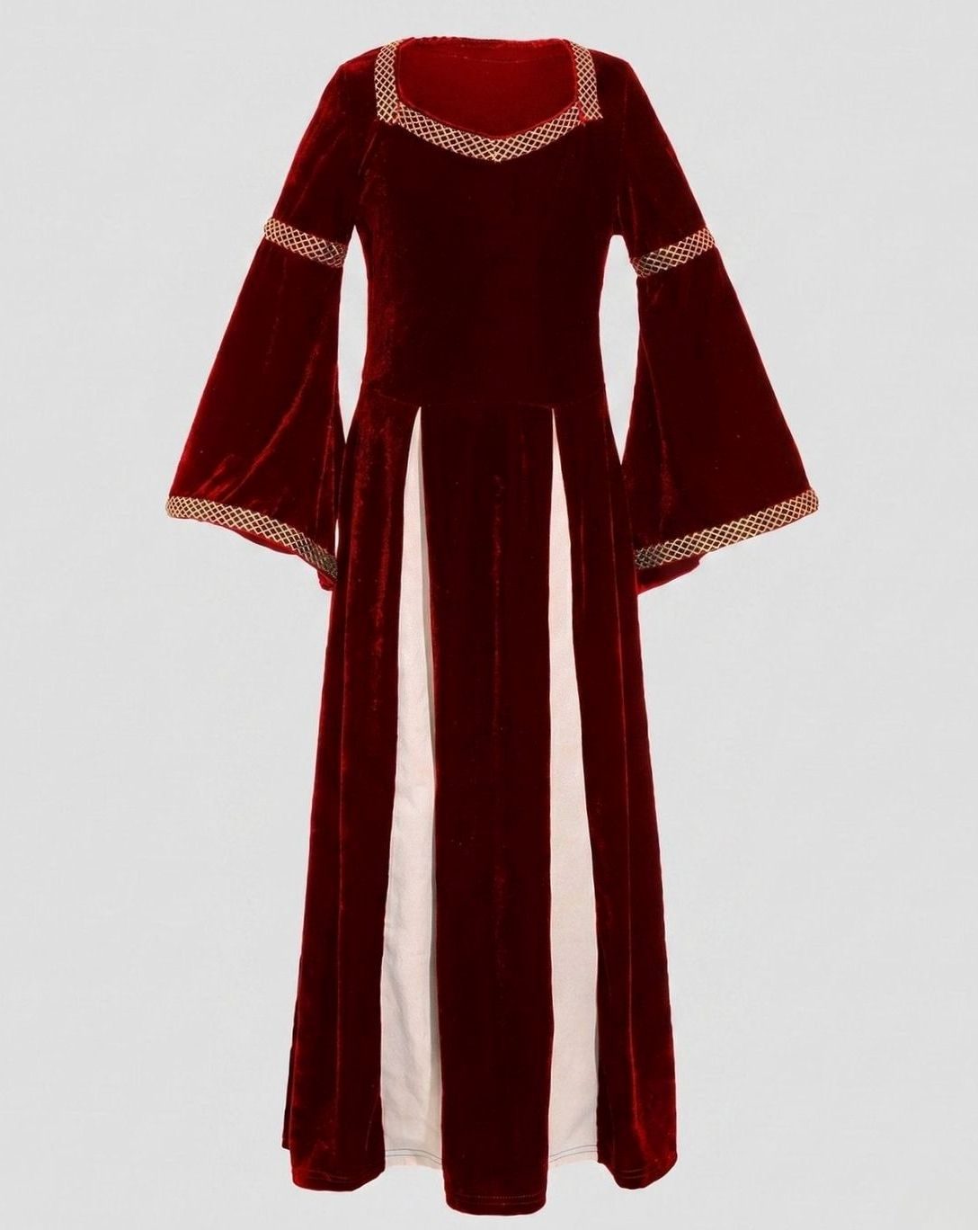 Women's Defined-Waist Velvet Maxi Dress Flowing Bell Sleeves - Wine Red