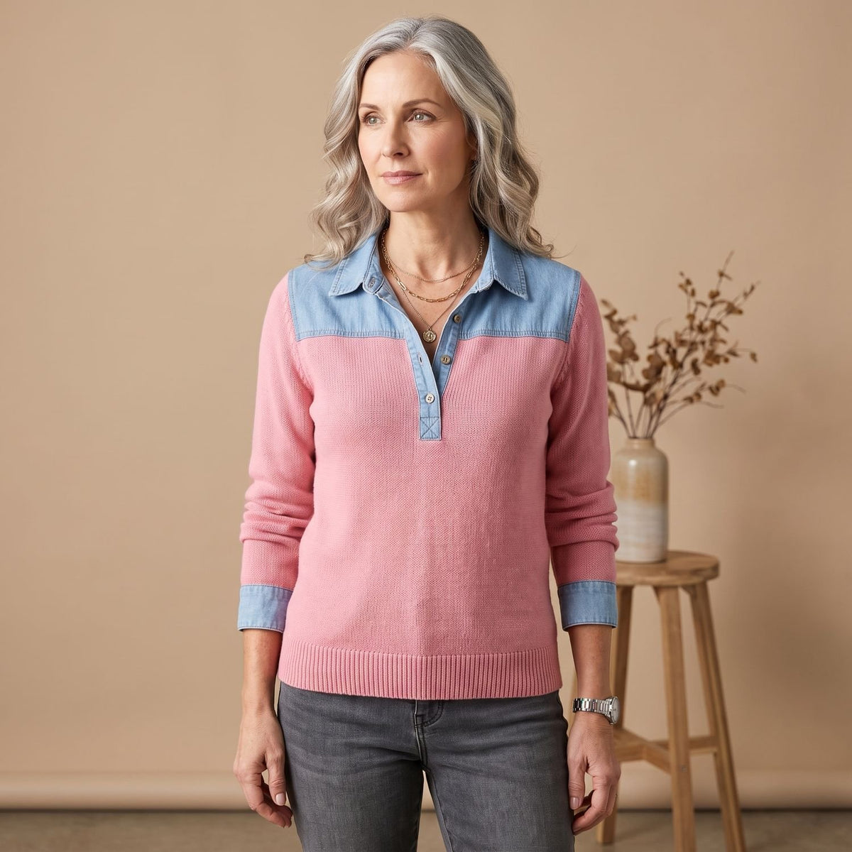 Women's Denim-Collar Long-Sleeve Knit Pullover Sweater - Pink