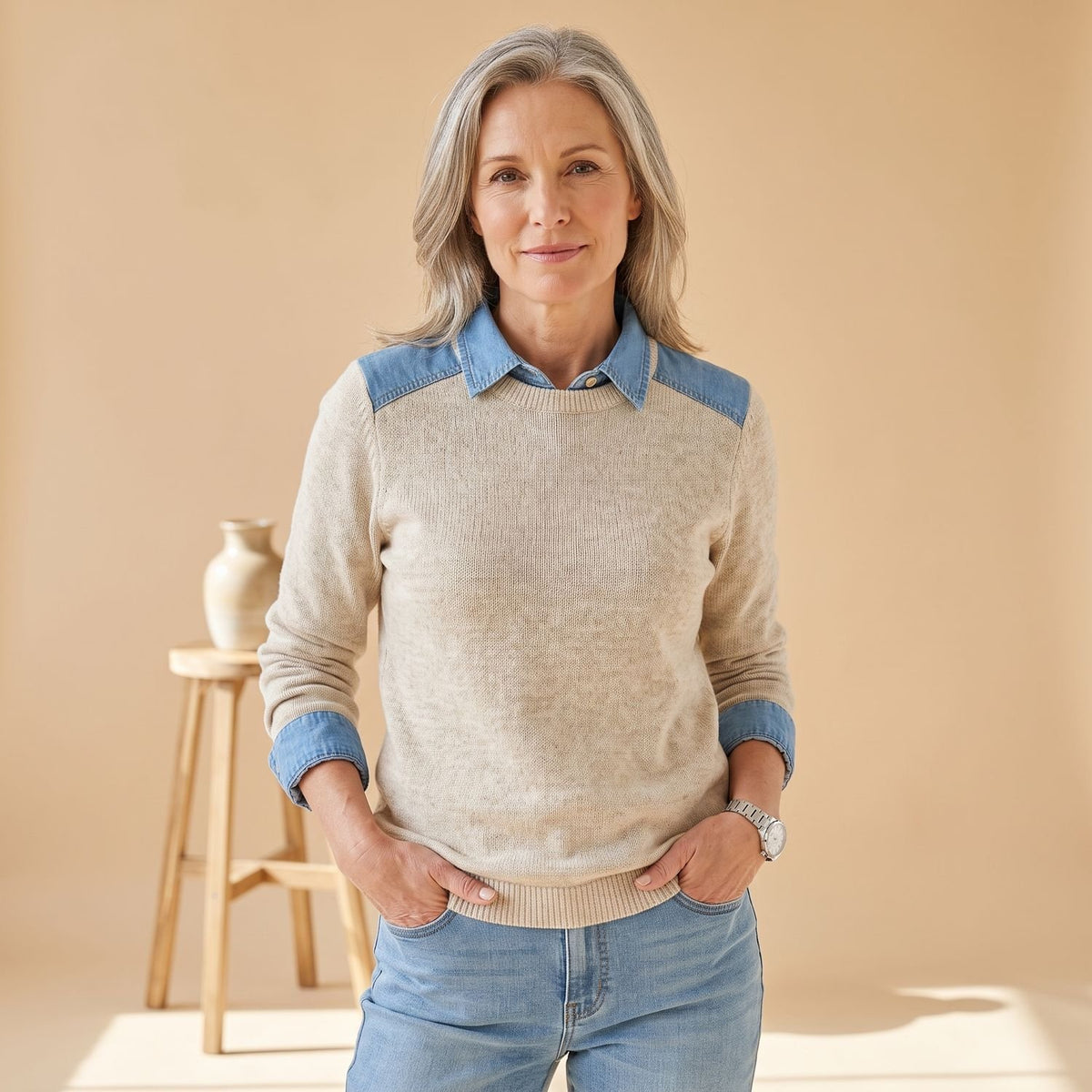 Women's Denim-Collar Long-Sleeve Knit Pullover Sweater