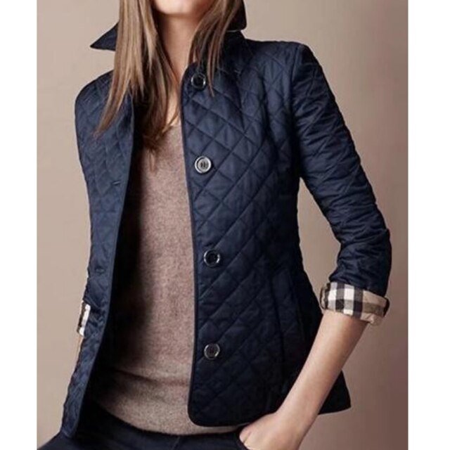 Women's Diamond-Quilted Button-Through Tailored Outerwear Jacket - Navy Blue