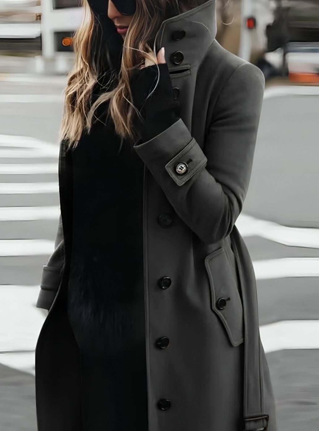 Women's Double-Breasted Belted Wool Coat High-Collar Trench - Grey