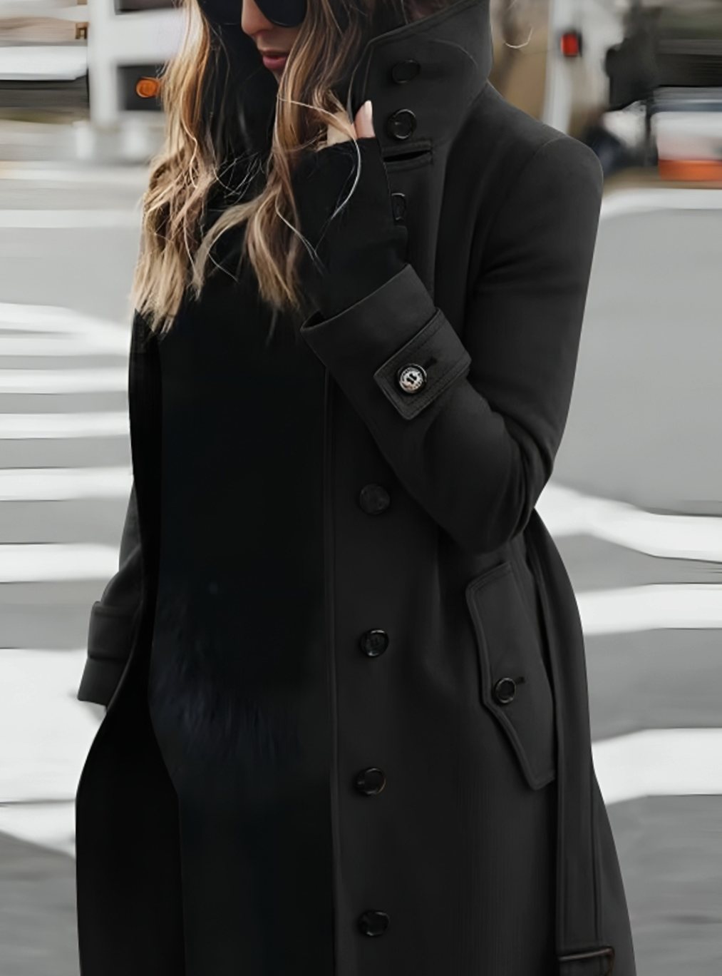 Women's Double-Breasted Belted Wool Coat High-Collar Trench - Black