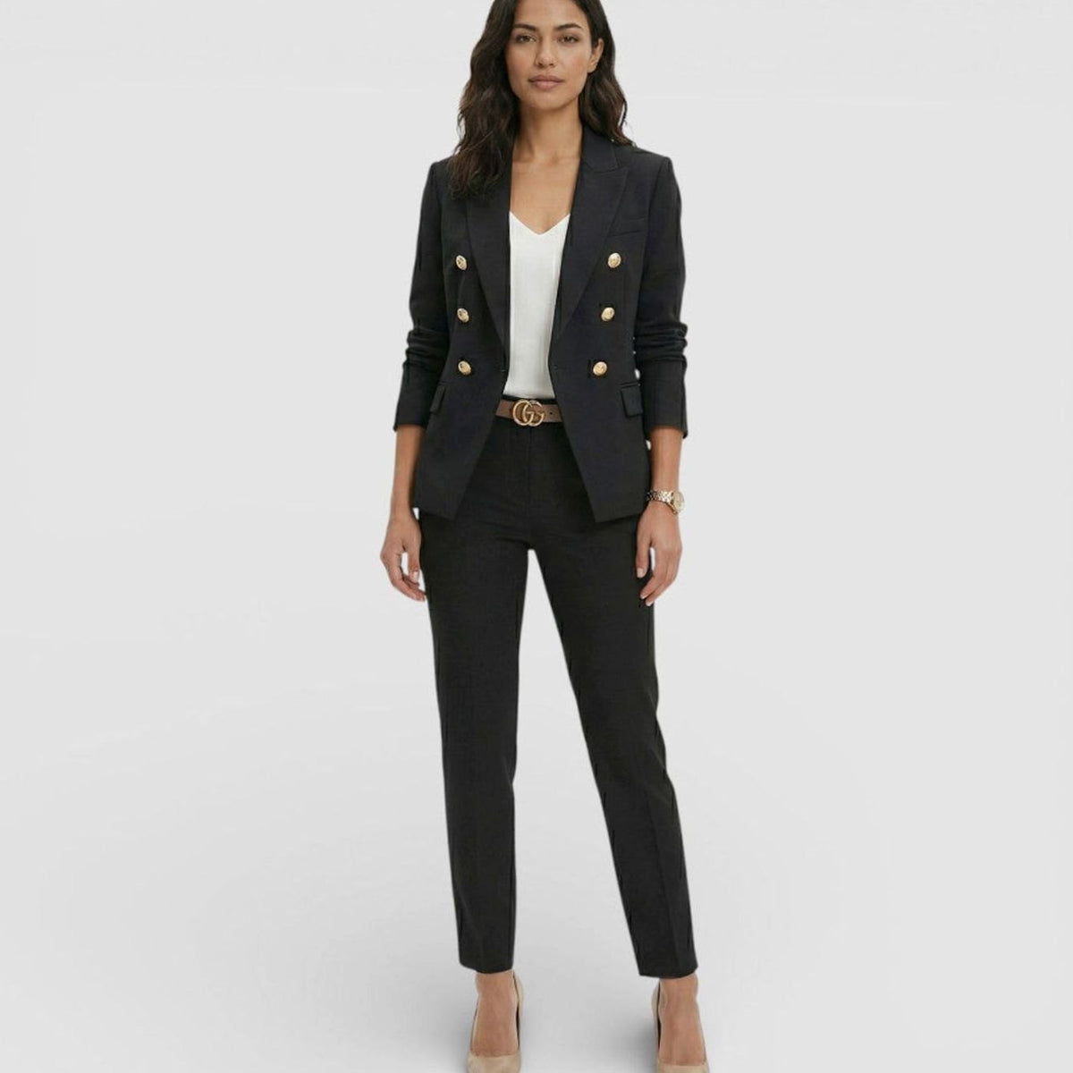 Women's Double-Breasted Blazer Trouser Suit Set Gold Buttons - Black