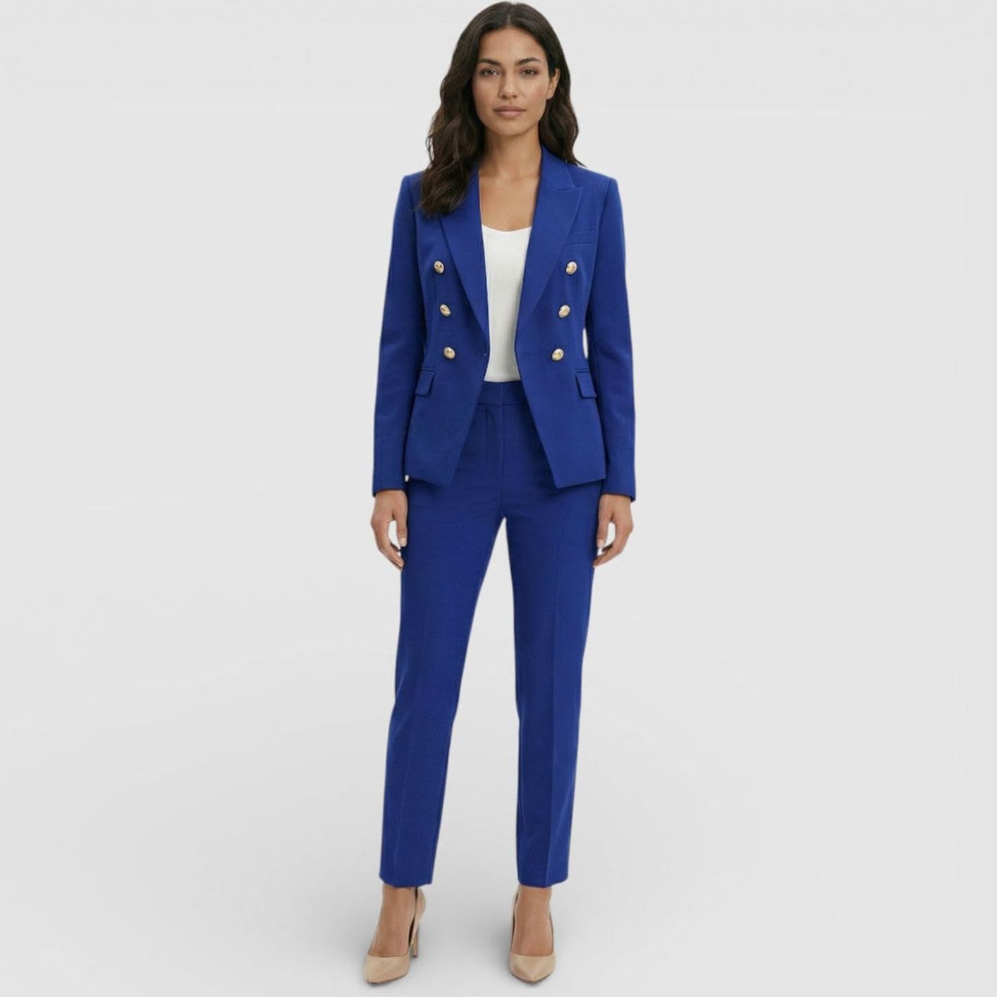 Women's Double-Breasted Blazer Trouser Suit Set Gold Buttons - Blue