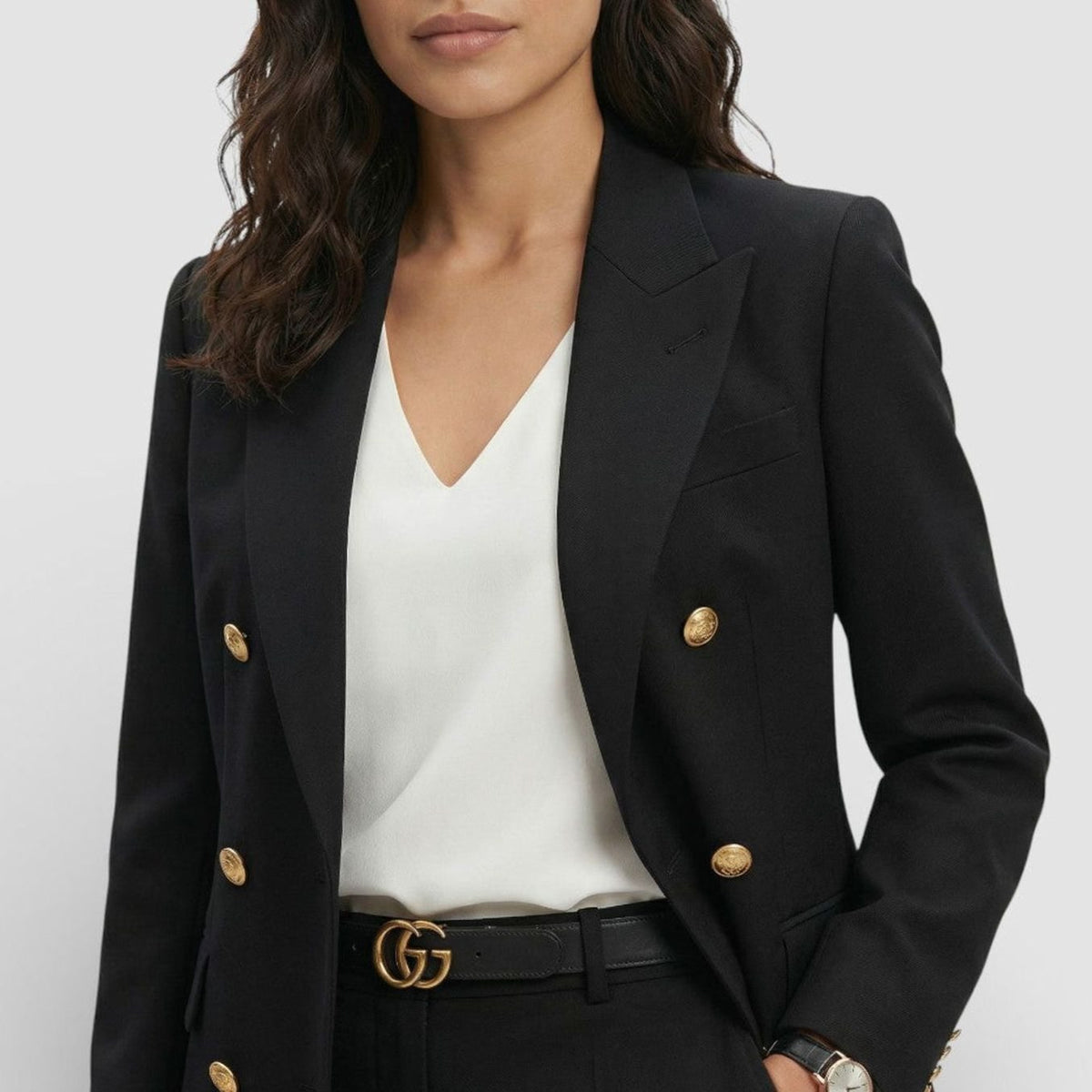 Women's Double-Breasted Blazer Trouser Suit Set Gold Buttons