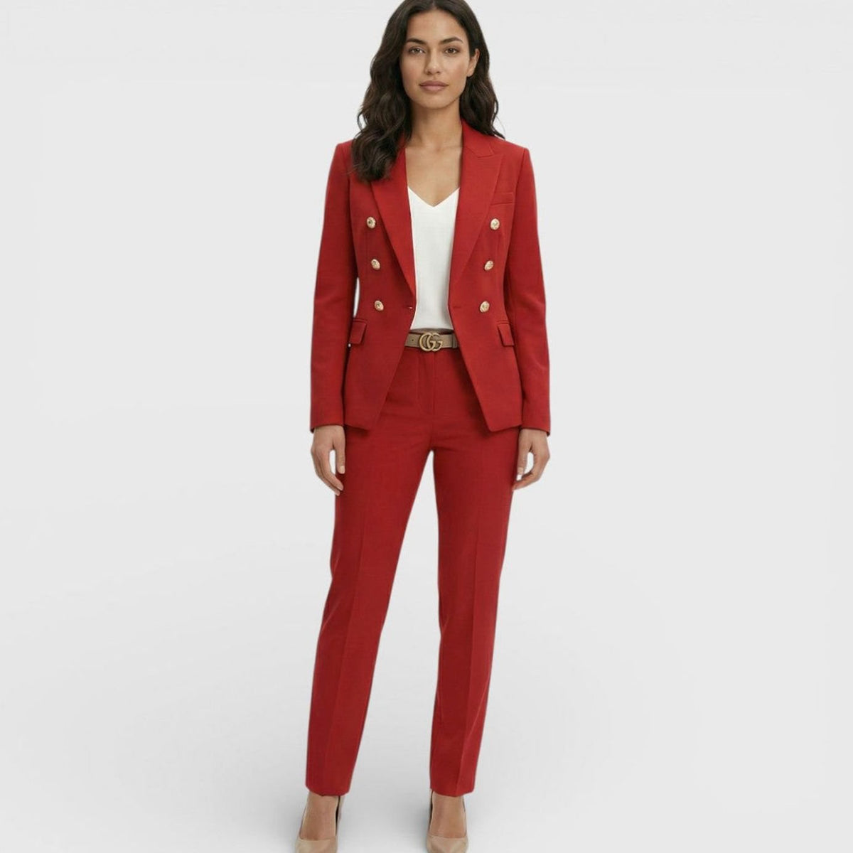 Women's Double-Breasted Blazer Trouser Suit Set Gold Buttons - Red