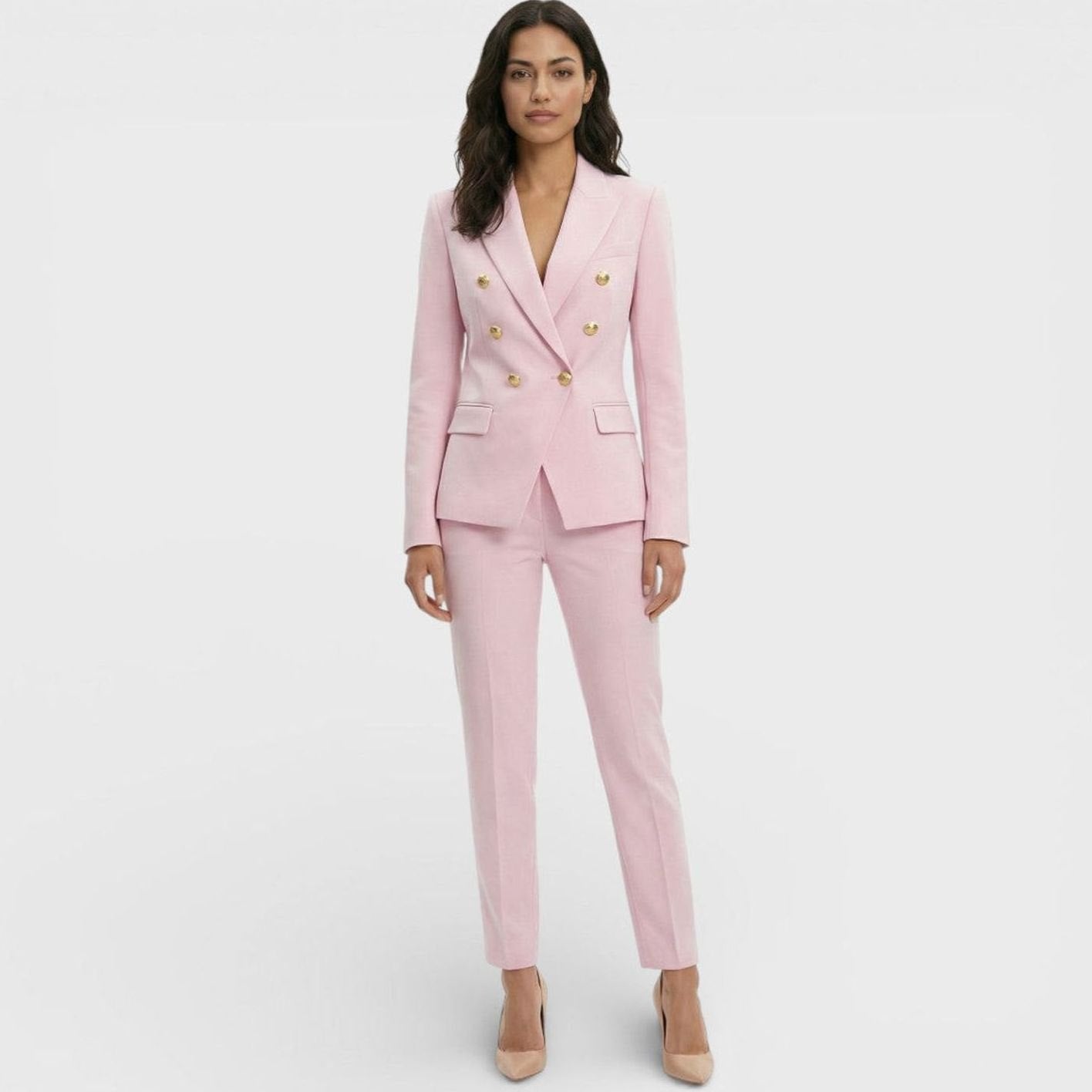 Women's Double-Breasted Blazer Trouser Suit Set Gold Buttons - Pink