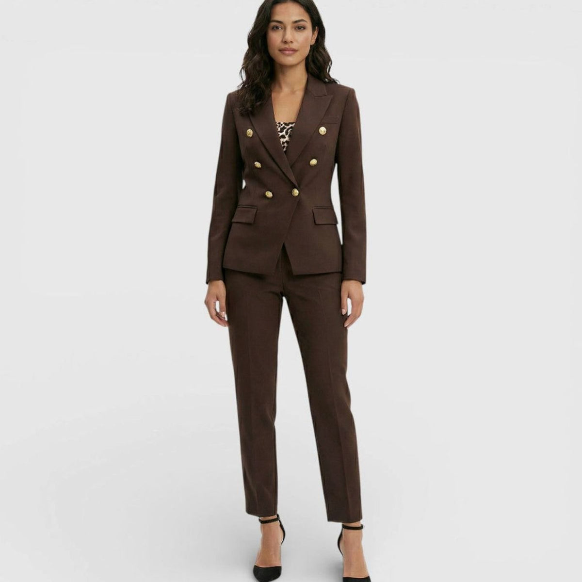 Women's Double-Breasted Blazer Trouser Suit Set Gold Buttons - Brown