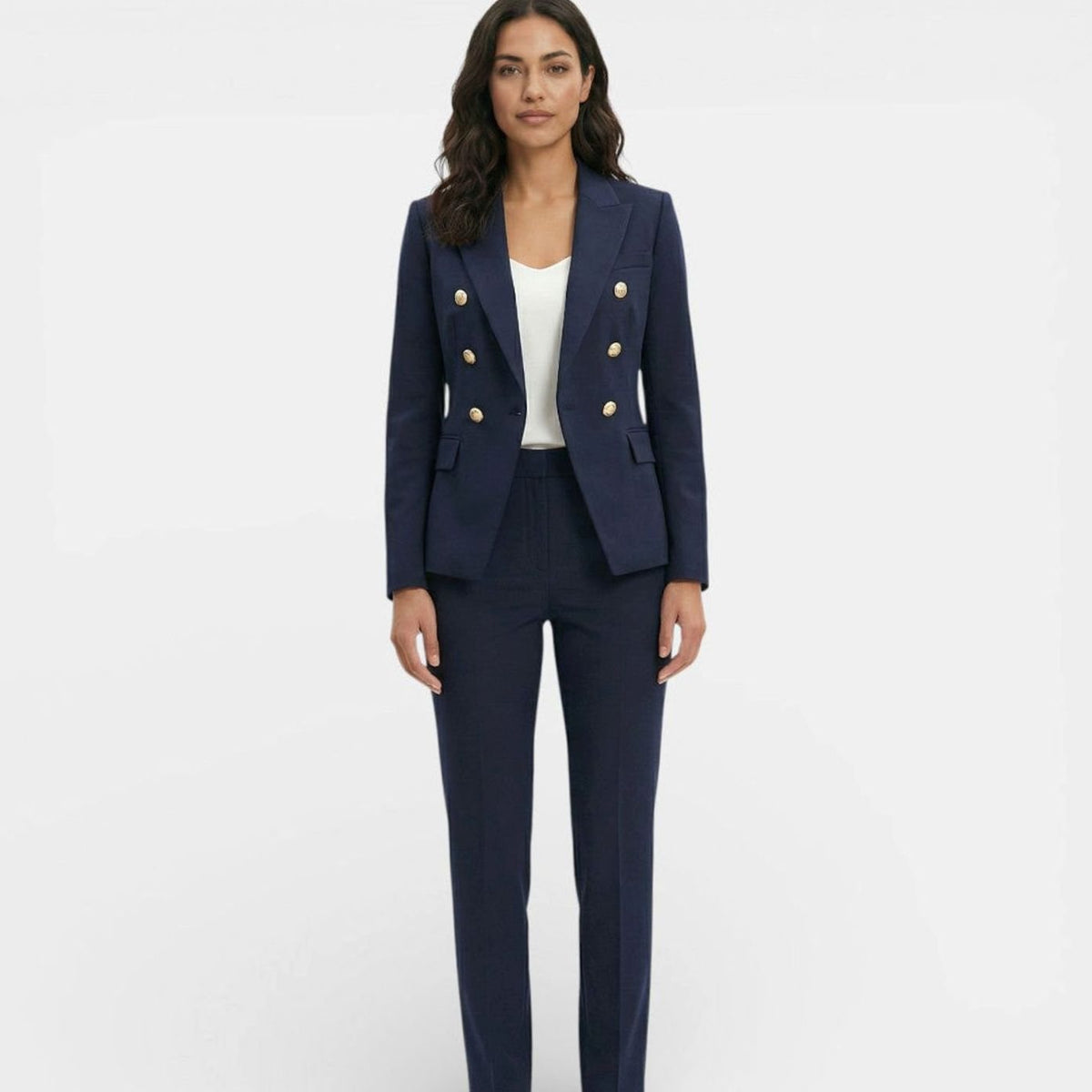 Women's Double-Breasted Blazer Trouser Suit Set Gold Buttons - Dark Blue