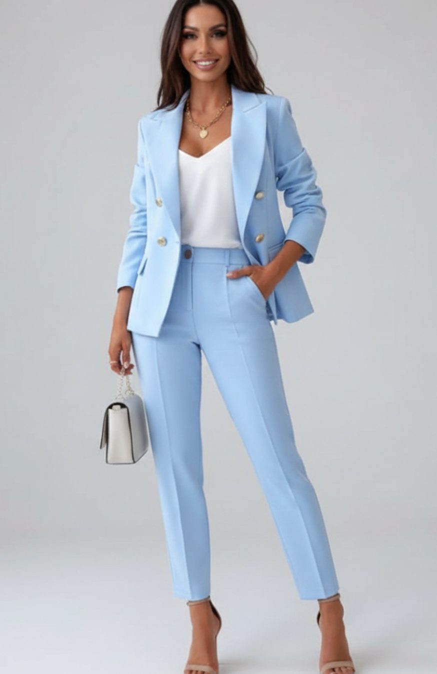 Women's Double-Breasted Blazer Trouser Suit Two-Piece Set - Light Blue