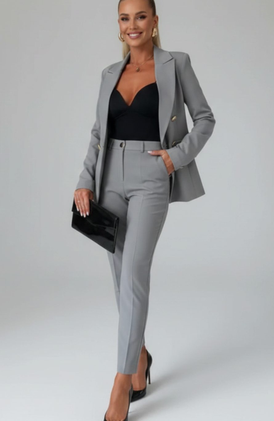 Women's Double-Breasted Blazer Trouser Suit Two-Piece Set - Grey