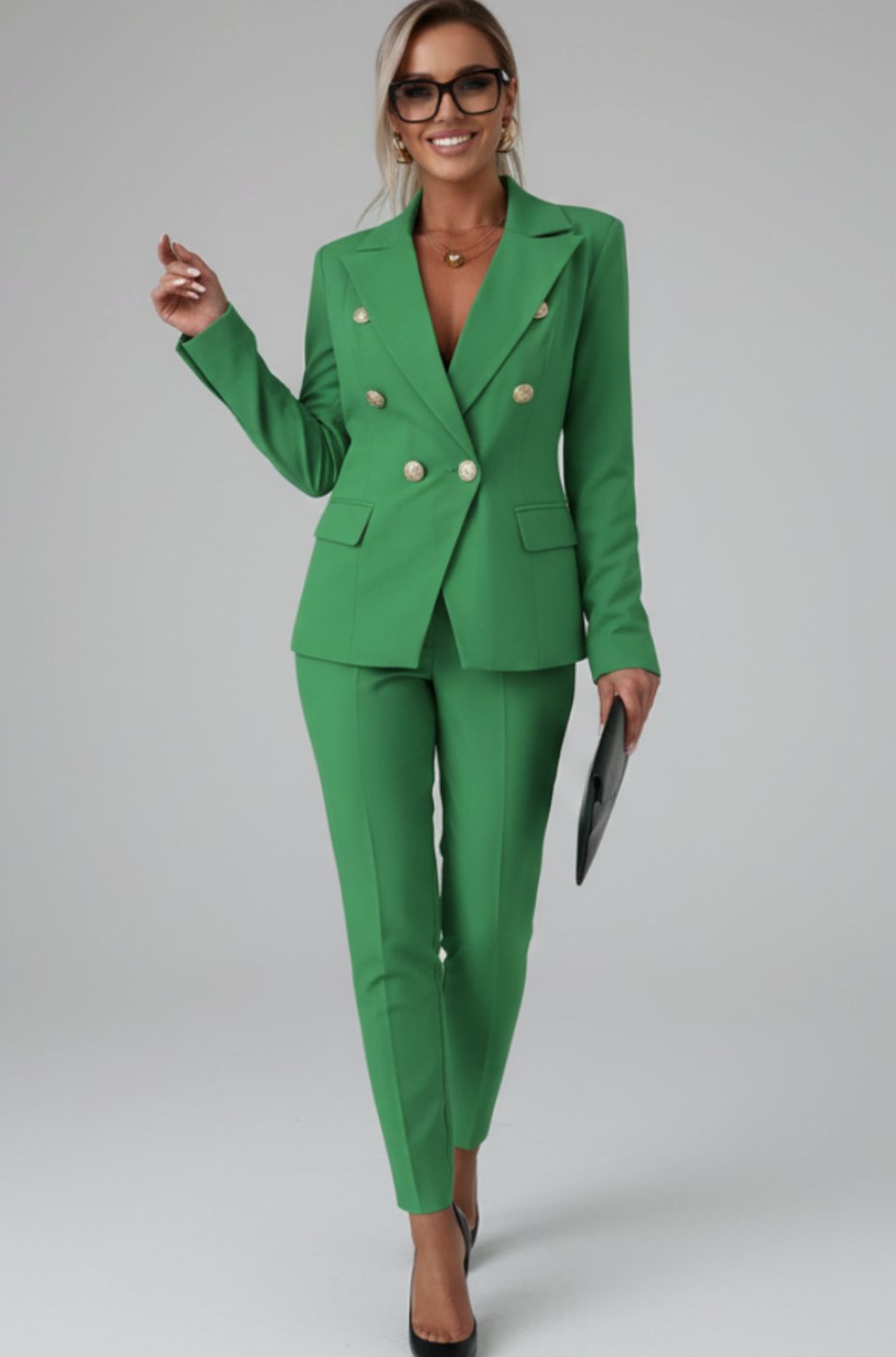 Women's Double-Breasted Blazer Trouser Suit Two-Piece Set - Green