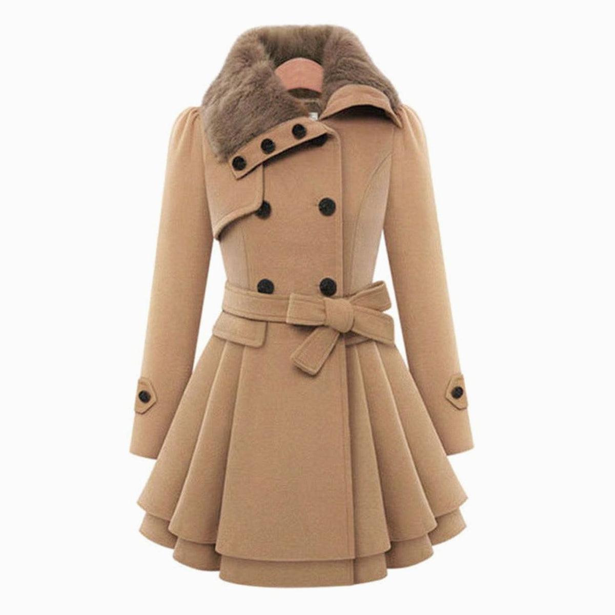 Women's Double-Breasted Faux Fur Collar Belted Flared Coat, Grey - Beige
