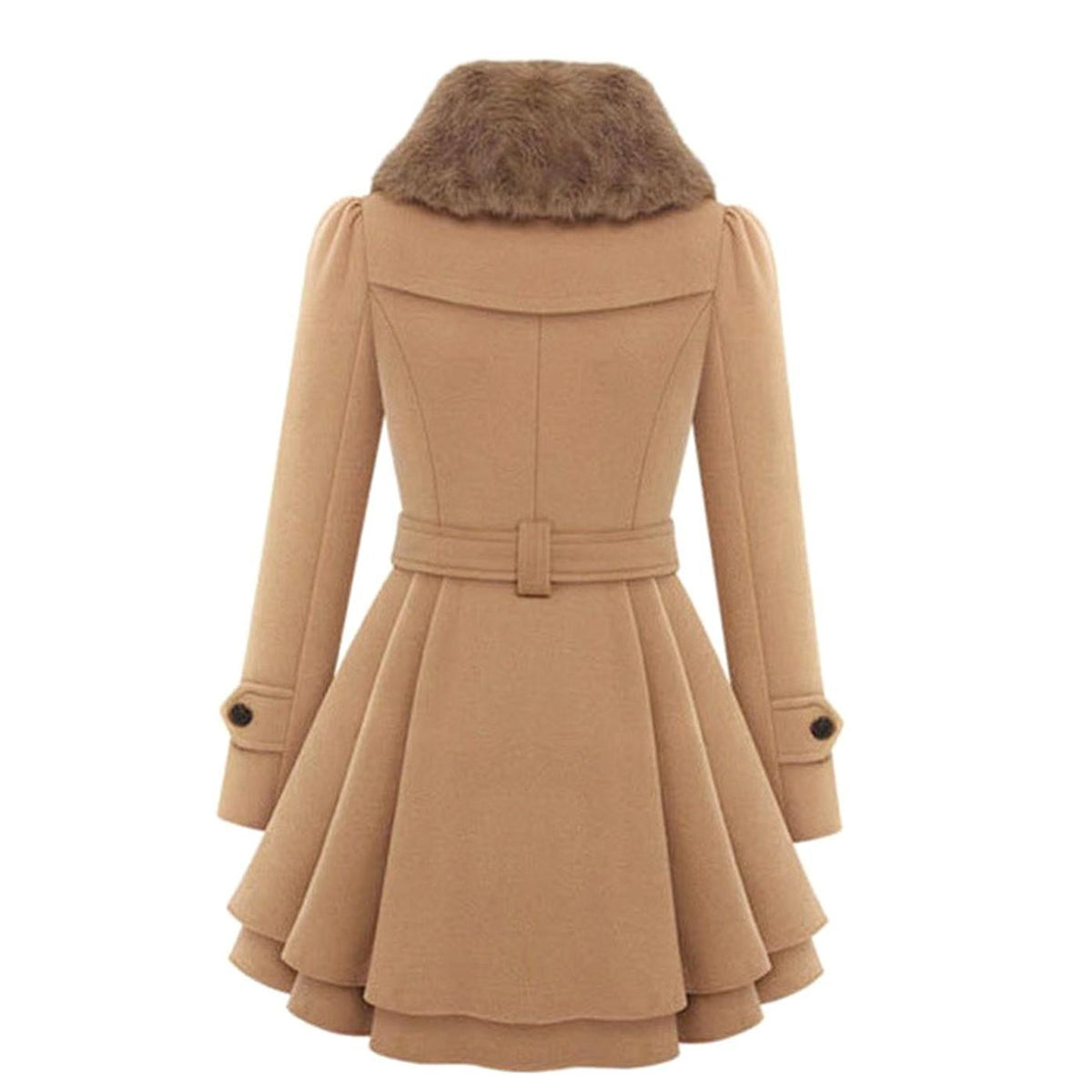 Women's Double-Breasted Faux Fur Collar Belted Flared Coat, Grey