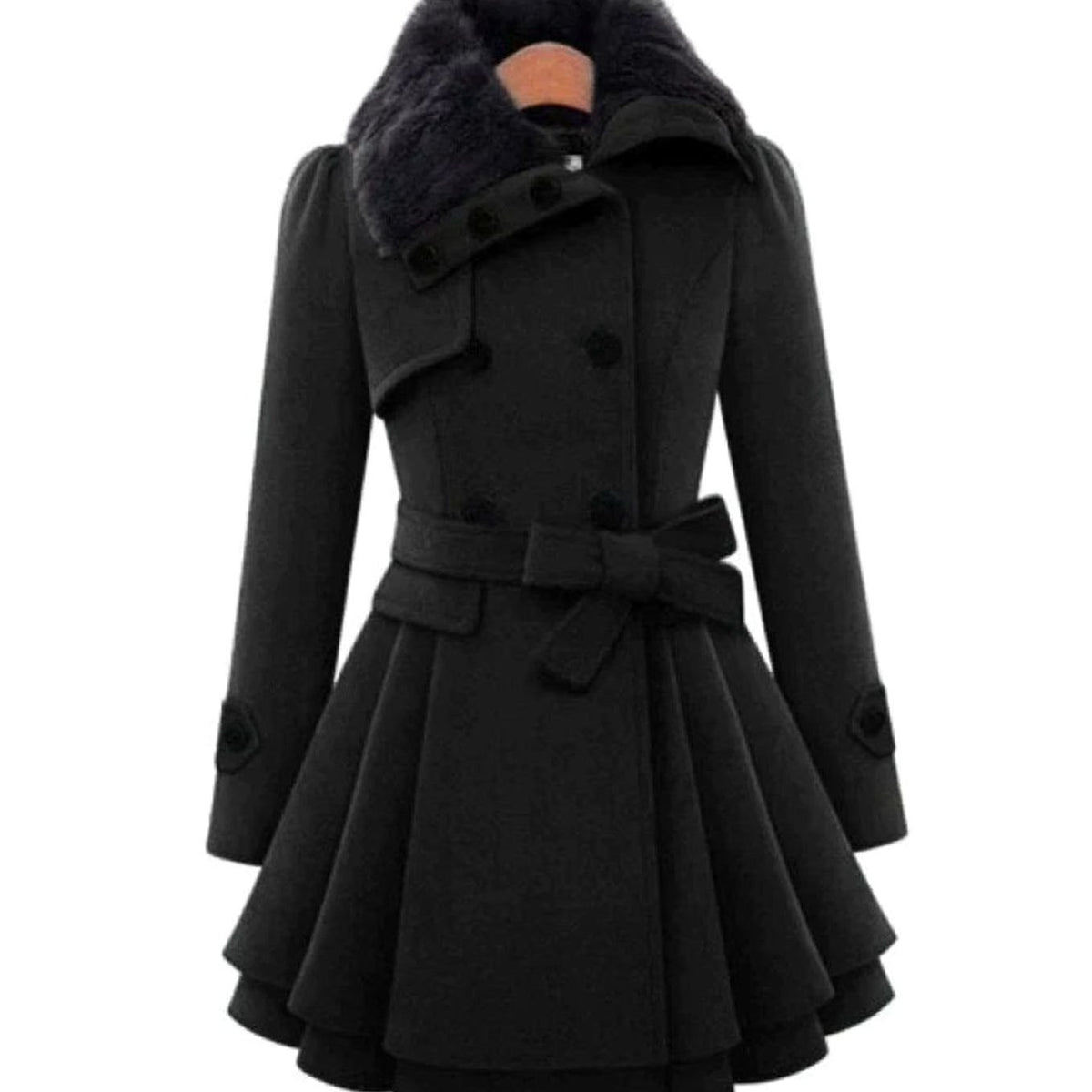 Women's Double-Breasted Faux Fur Collar Belted Flared Coat, Grey - Black