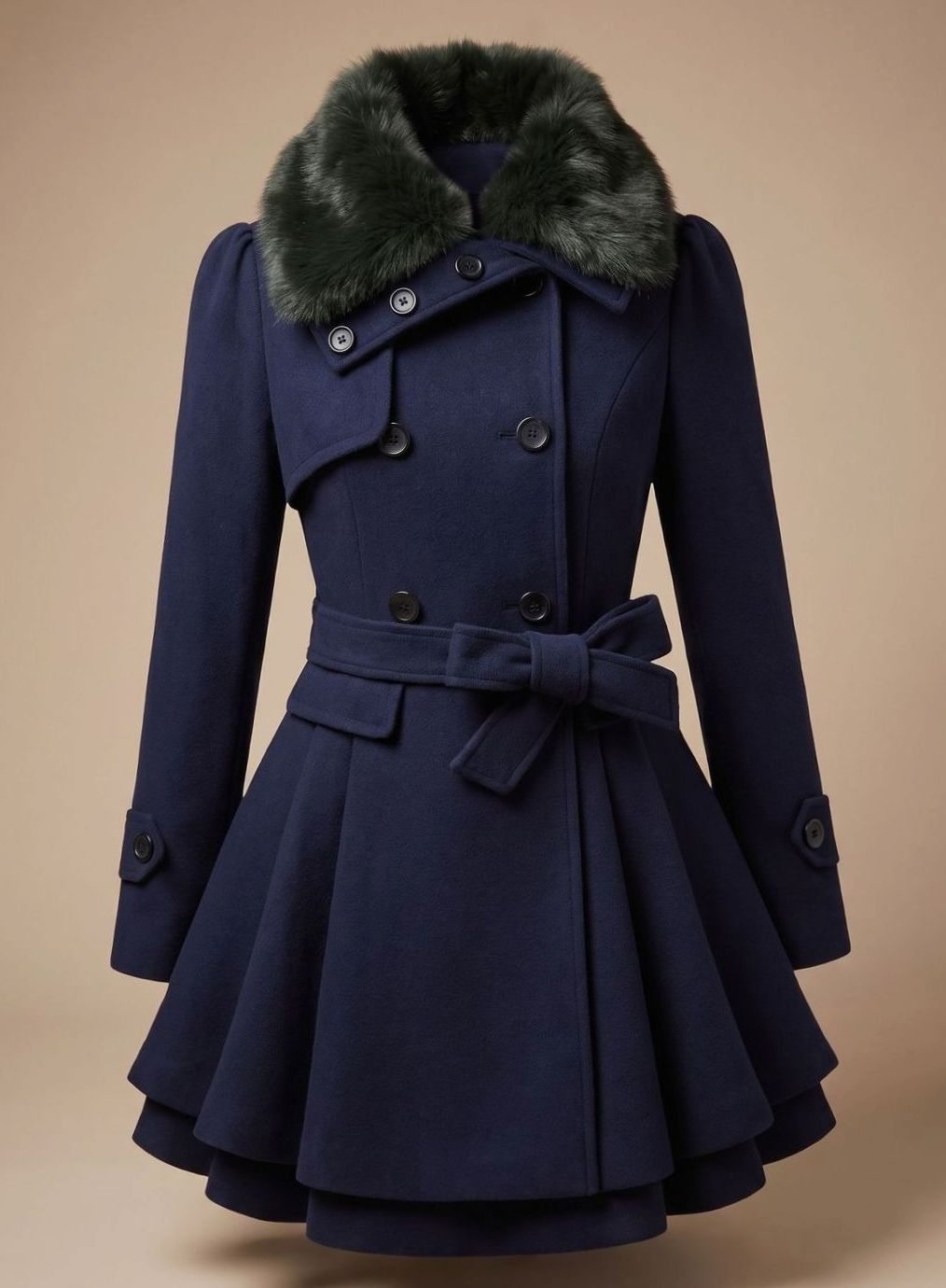 Women's Double-Breasted Faux Fur Collar Belted Flared Wool-Blend Coat - Dark Blue