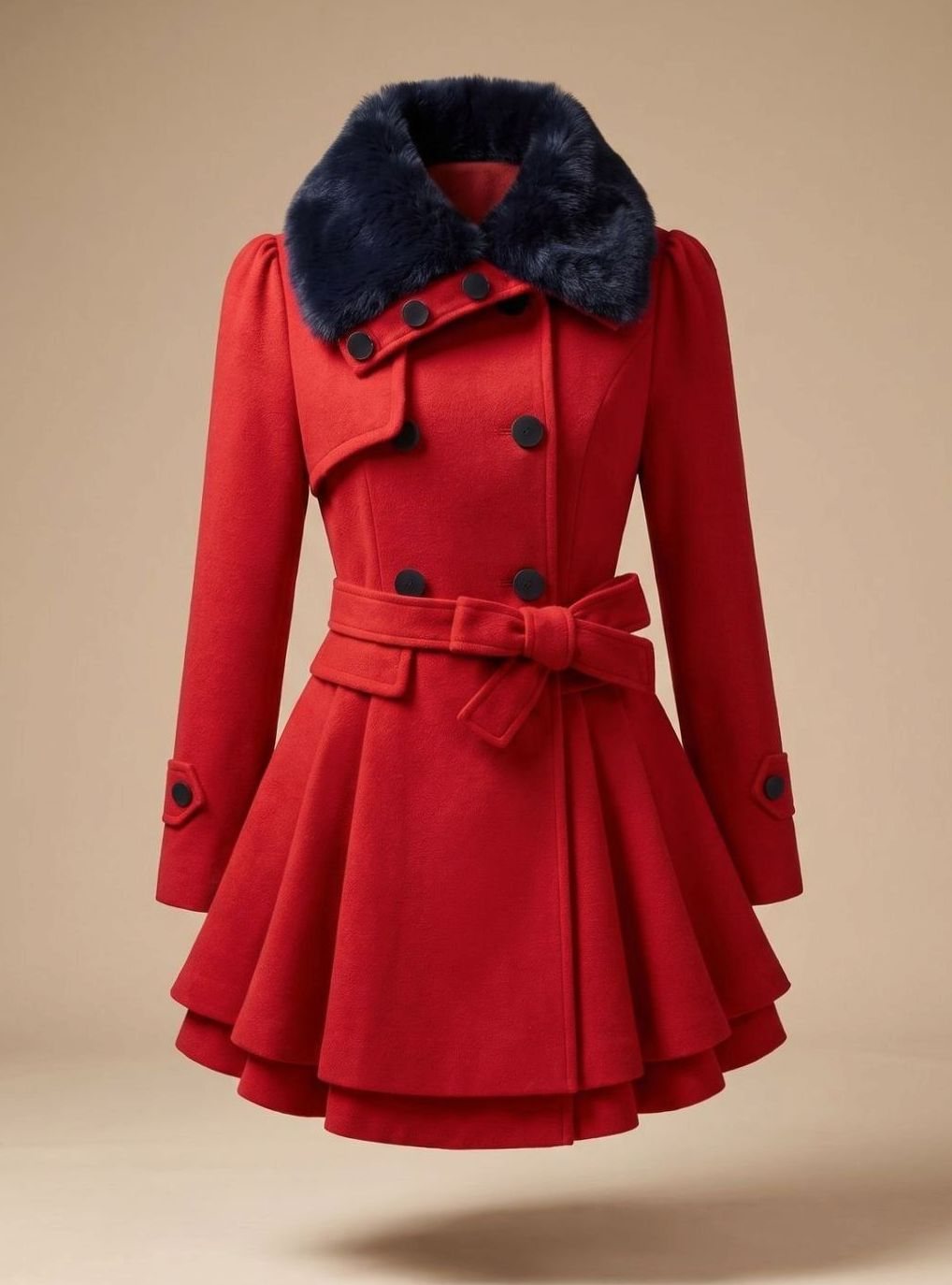 Women's Double-Breasted Faux Fur Collar Belted Flared Wool-Blend Coat - Red