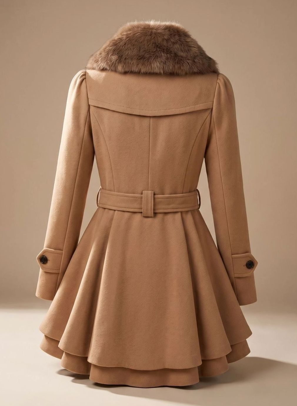 Women's Double-Breasted Faux Fur Collar Belted Flared Wool-Blend Coat