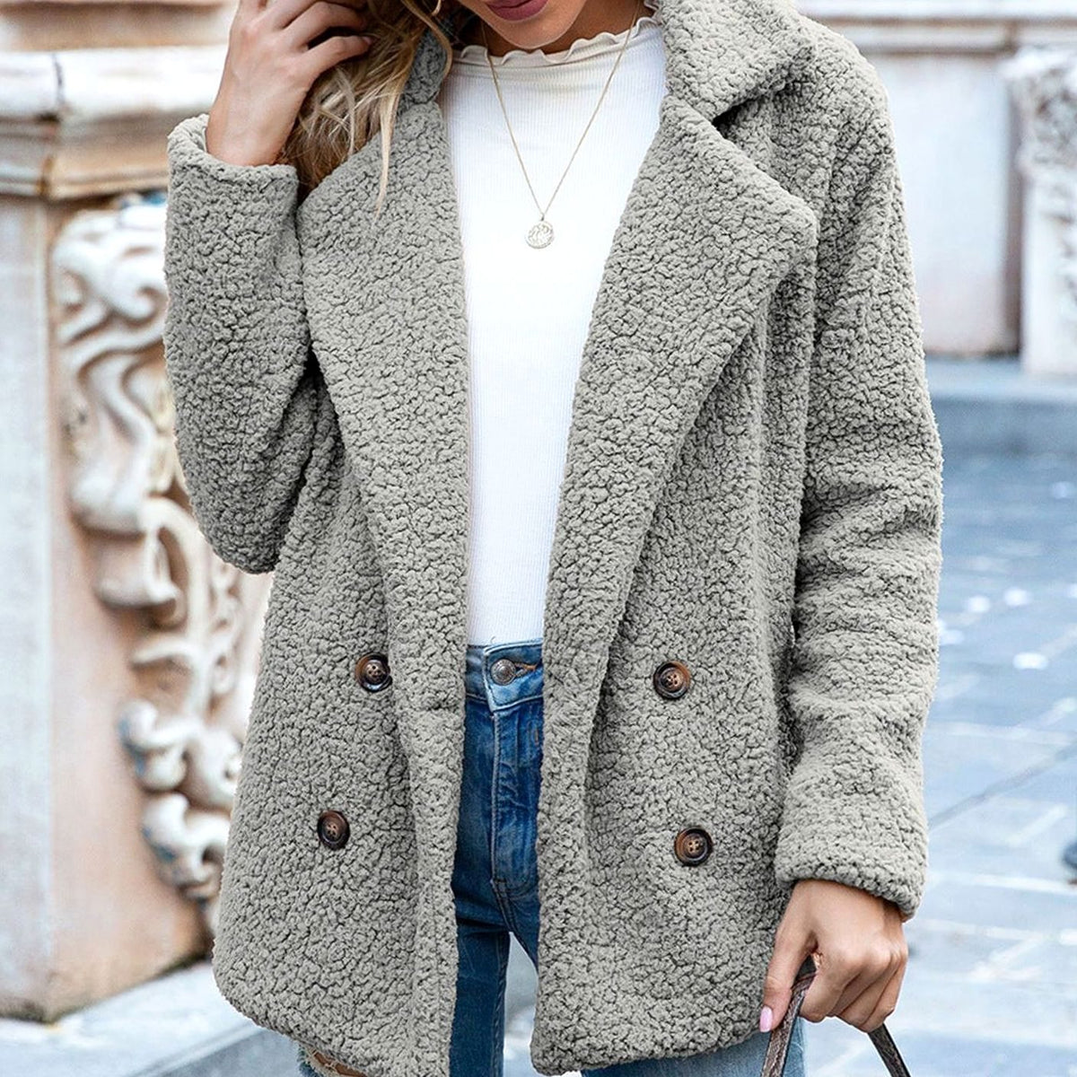 Women's Double-Breasted Faux Fur Teddy Coat Notched Lapel - Light Grey