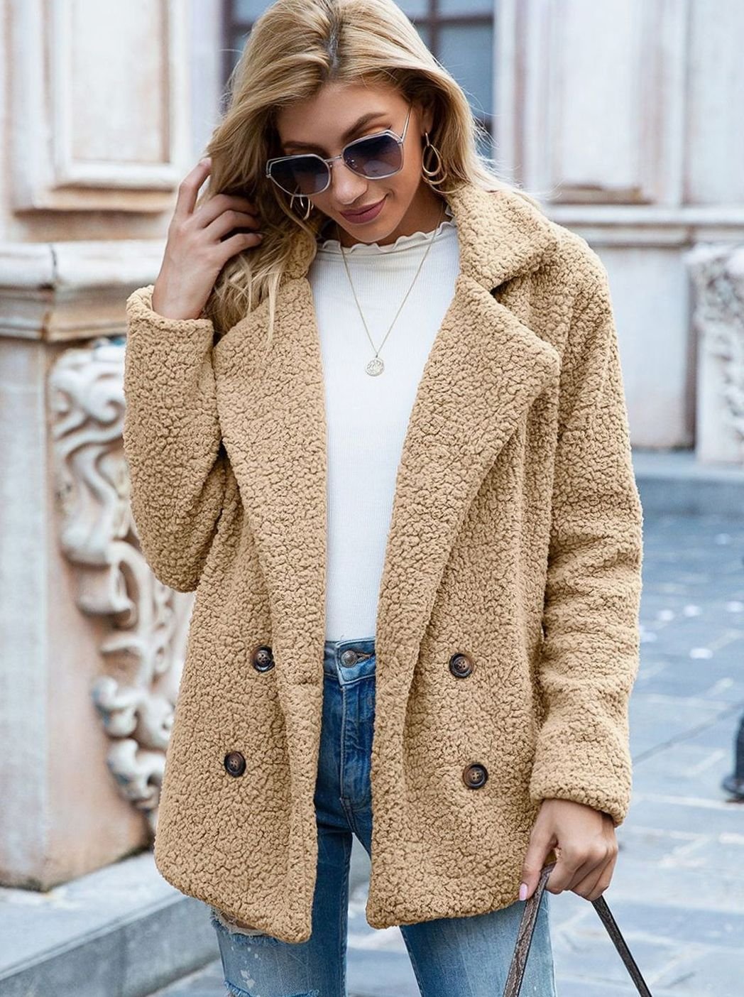 Women's Double-Breasted Faux Fur Teddy Coat Notched Lapel