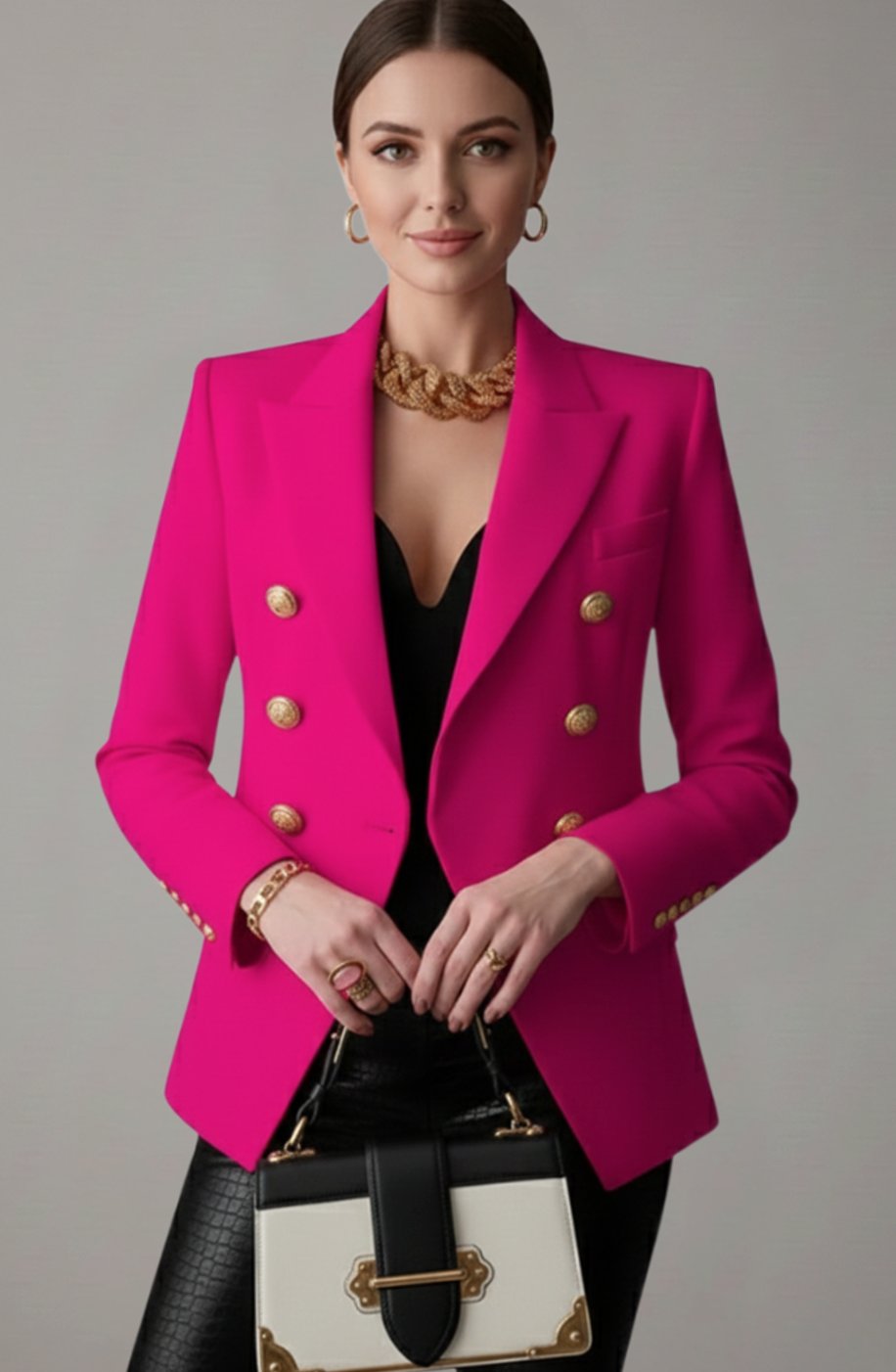 Women's Double-Breasted Gold-Button Tailored Blazer, Black - Pink