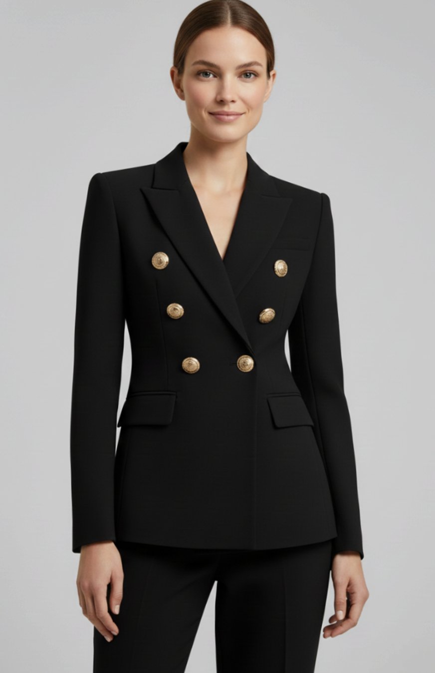 Women's Double-Breasted Gold-Button Tailored Blazer, Black