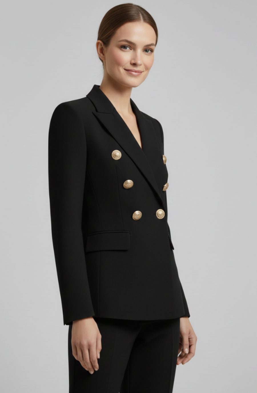 Women's Double-Breasted Gold-Button Tailored Blazer, Black