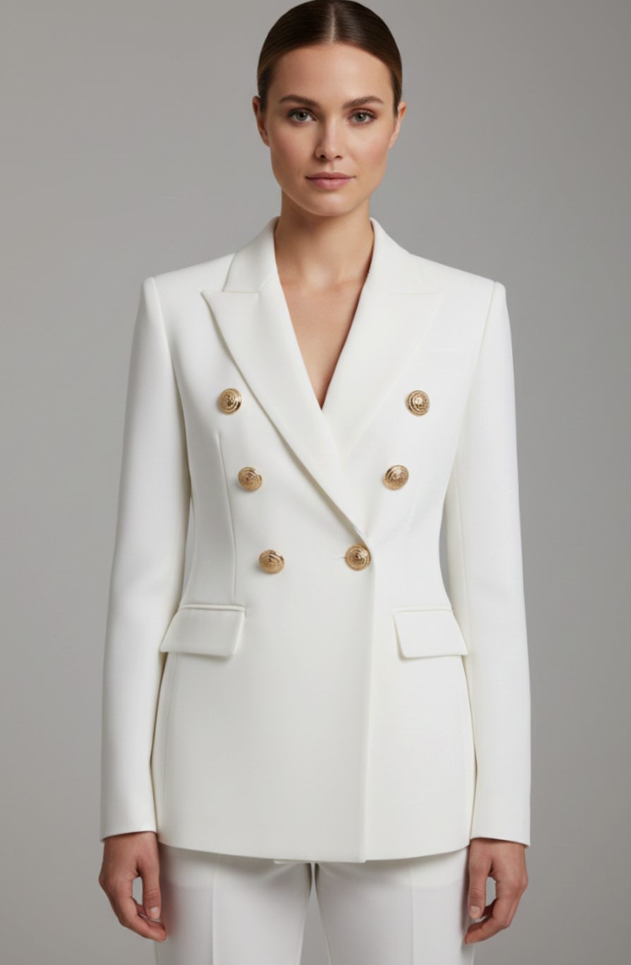 Women's Double-Breasted Gold-Button Tailored Blazer, Black - White