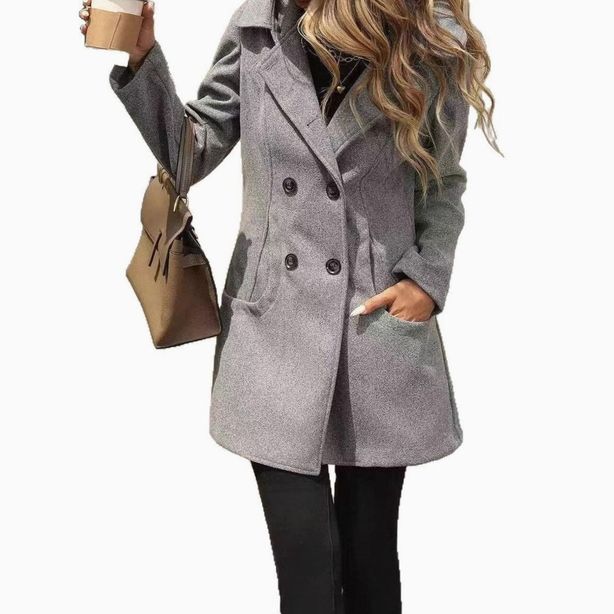 Women's Double-Breasted Lapel Wool Coat with Pockets