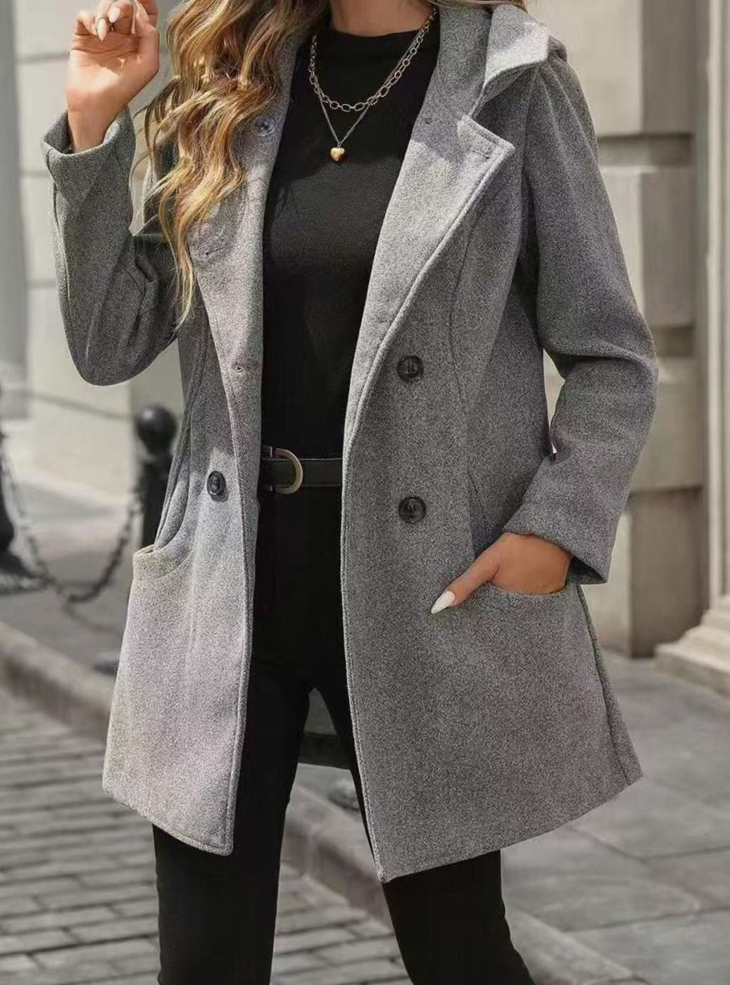 Women's Double-Breasted Lapel Wool Coat with Pockets - Grey