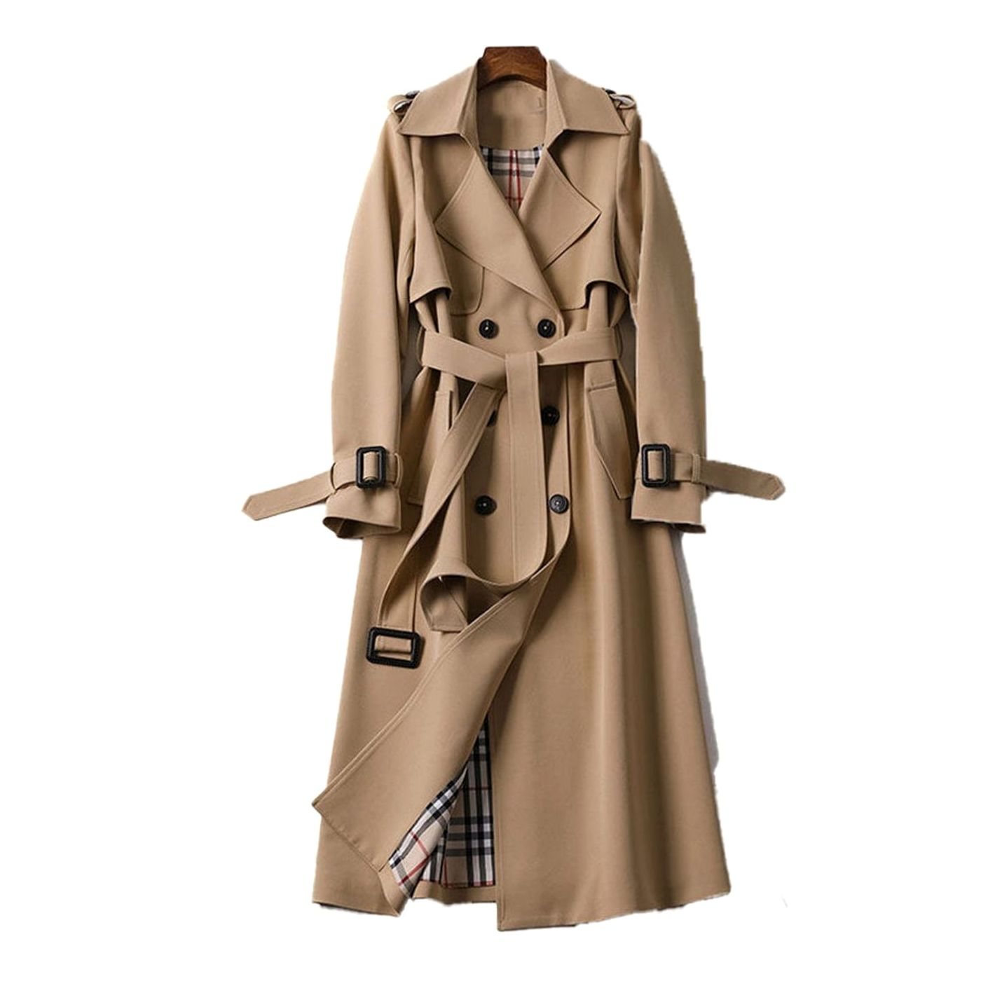 Women's Double-Breasted Longline Belted Trench Coat - Beige