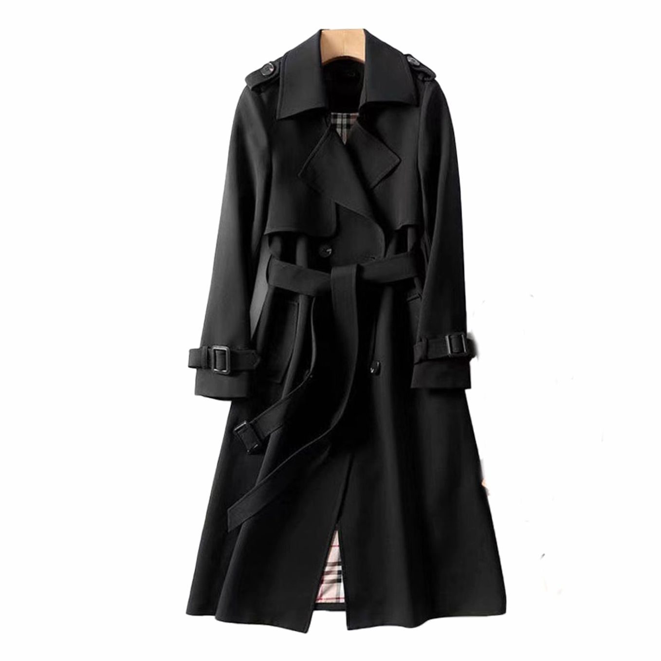 Women's Double-Breasted Longline Belted Trench Coat - Black