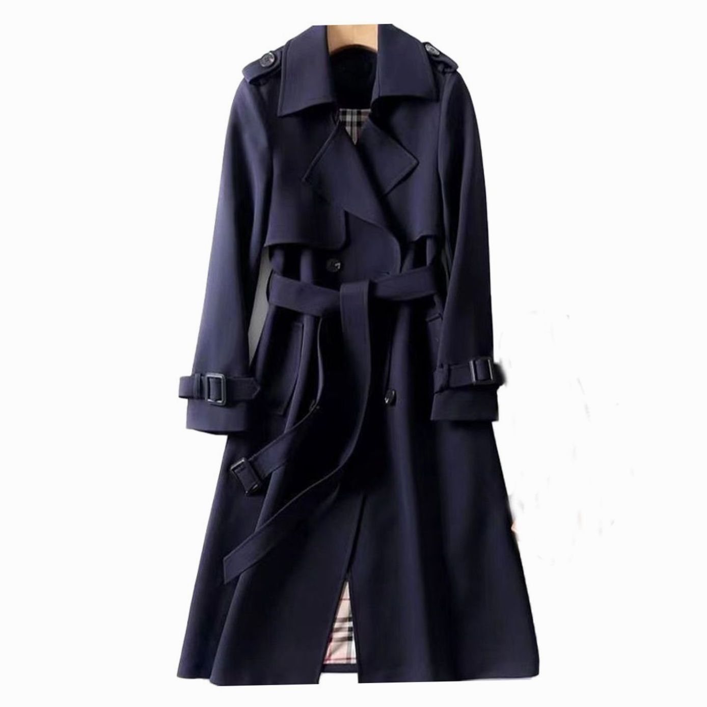 Women's Double-Breasted Longline Belted Trench Coat - Navy