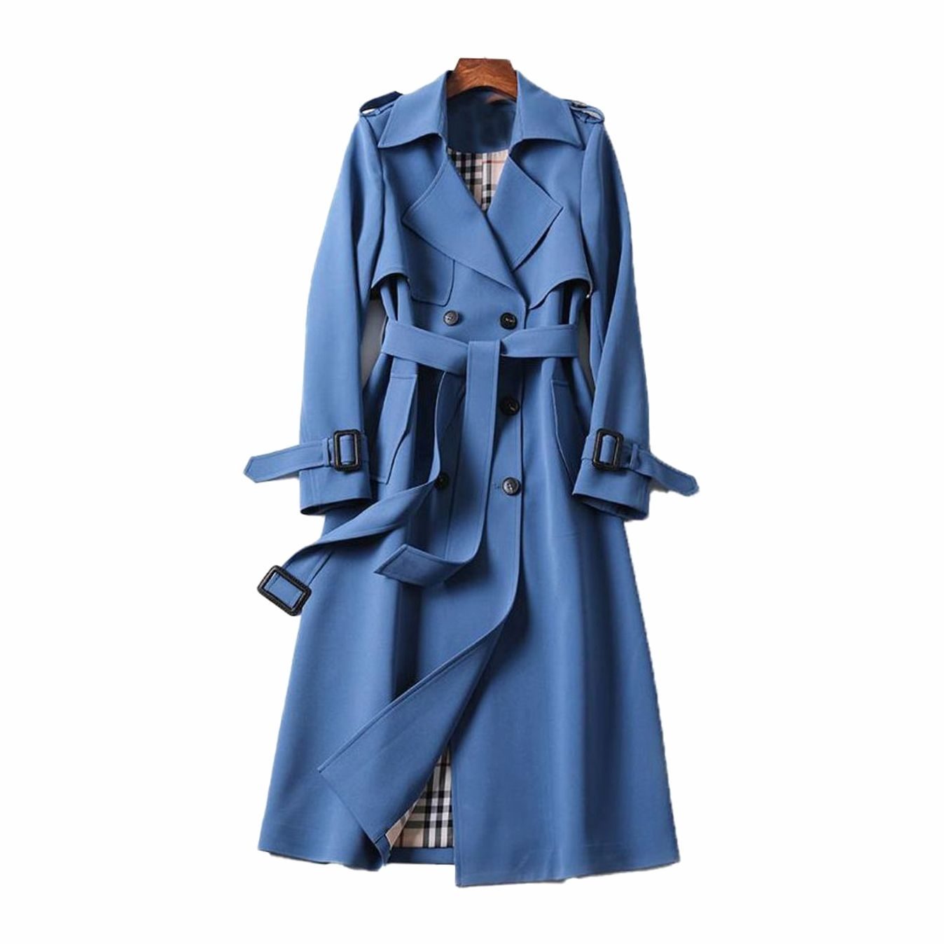 Women's Double-Breasted Longline Belted Trench Coat - Blue