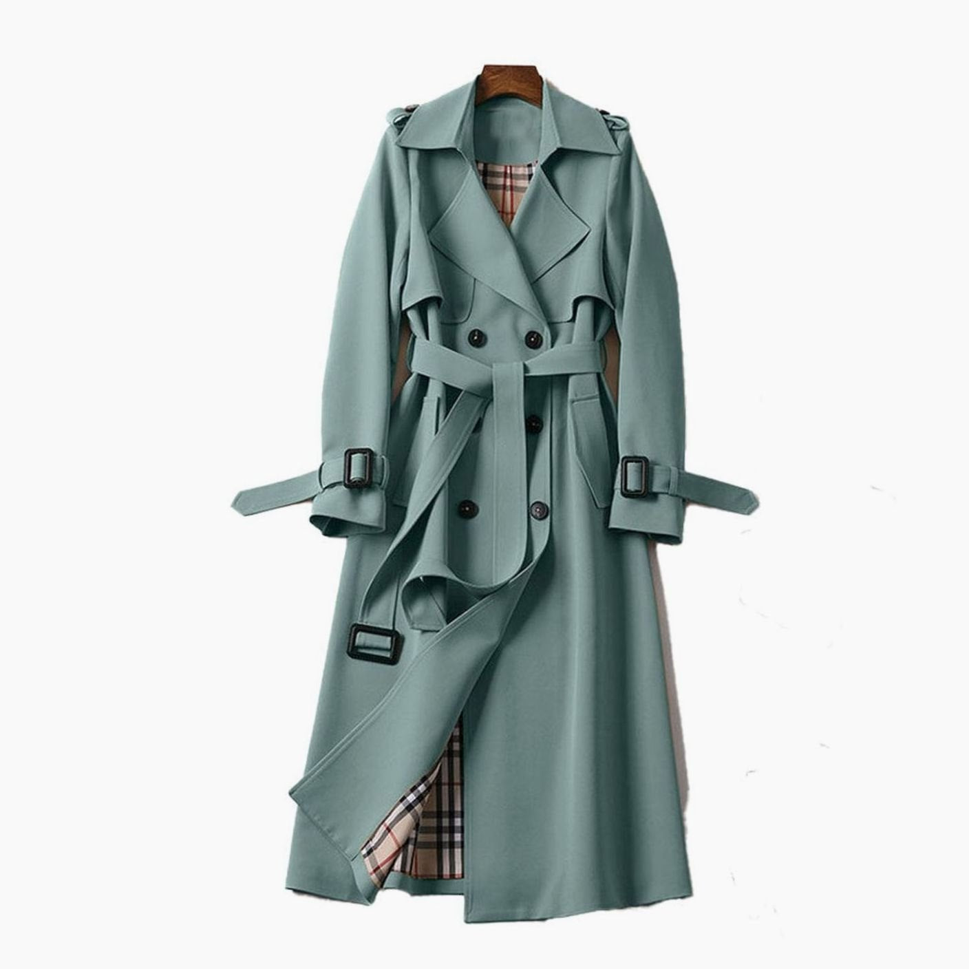Women's Double-Breasted Longline Belted Trench Coat - Green
