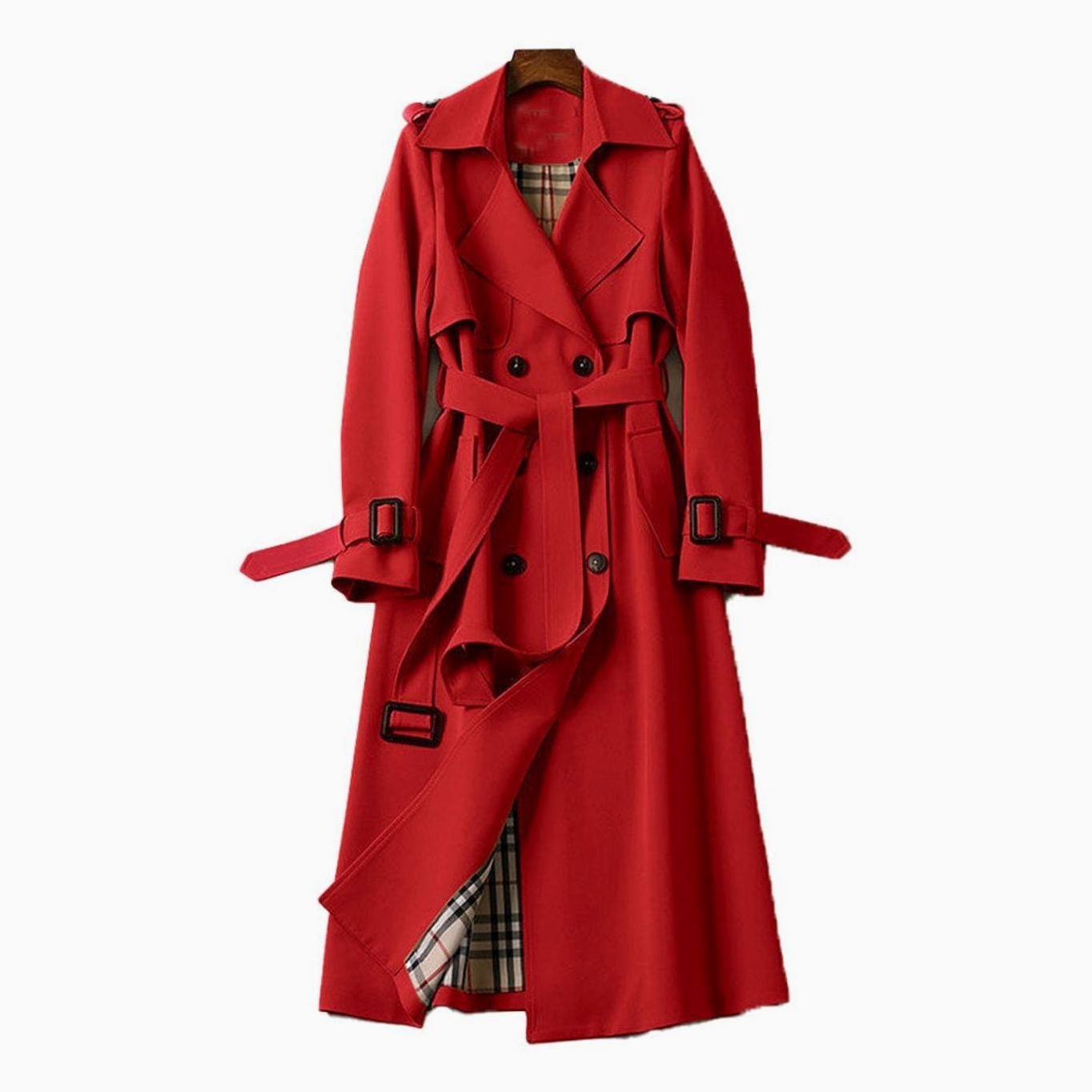 Women's Double-Breasted Longline Belted Trench Coat - Red