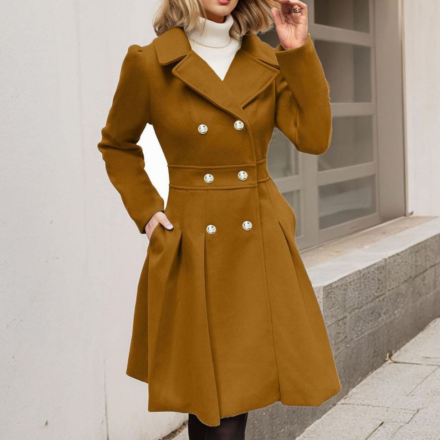 Women's Double-Breasted Pleated-Skirt Longline Wool-Blend Coat