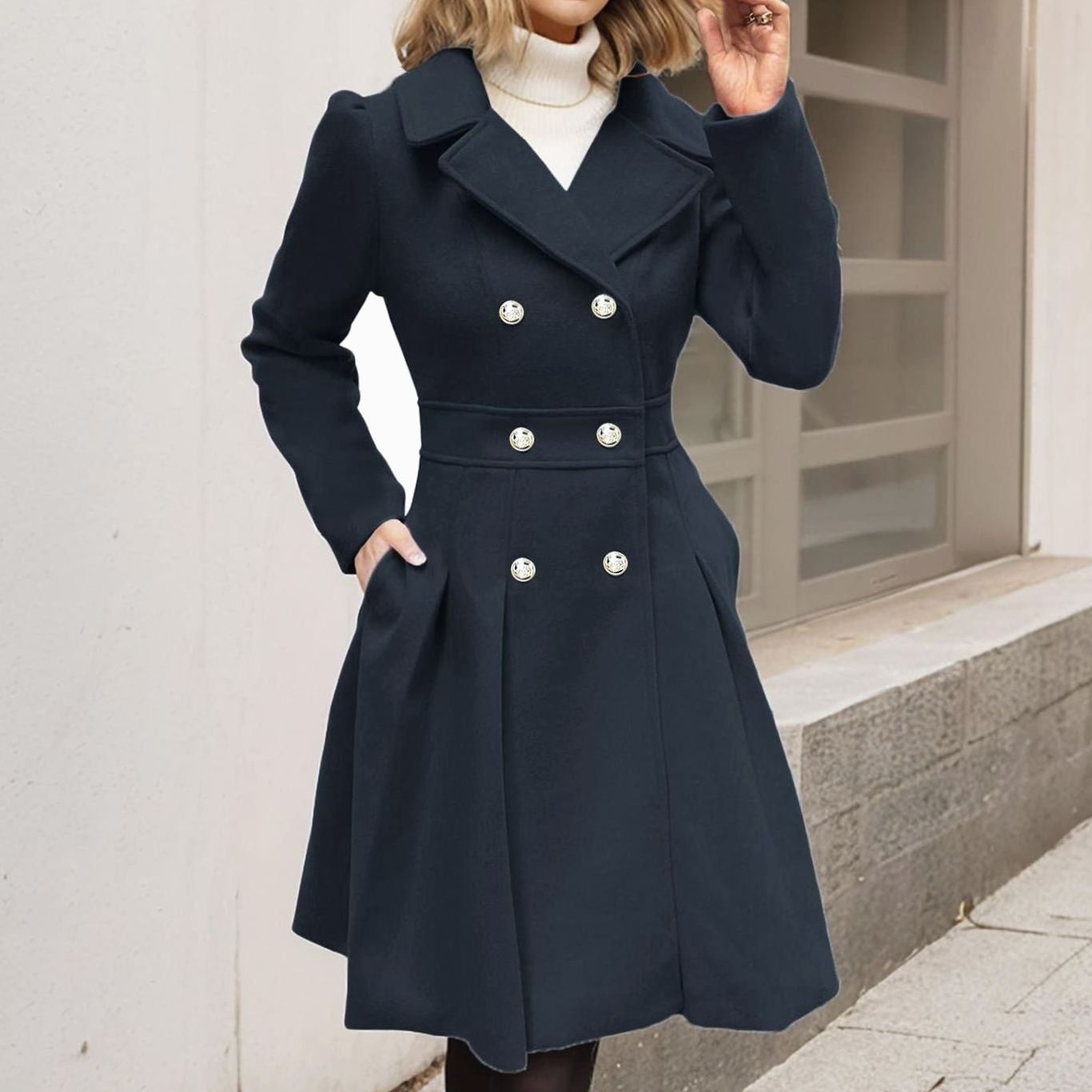 Women's Double-Breasted Pleated-Skirt Longline Wool-Blend Coat
