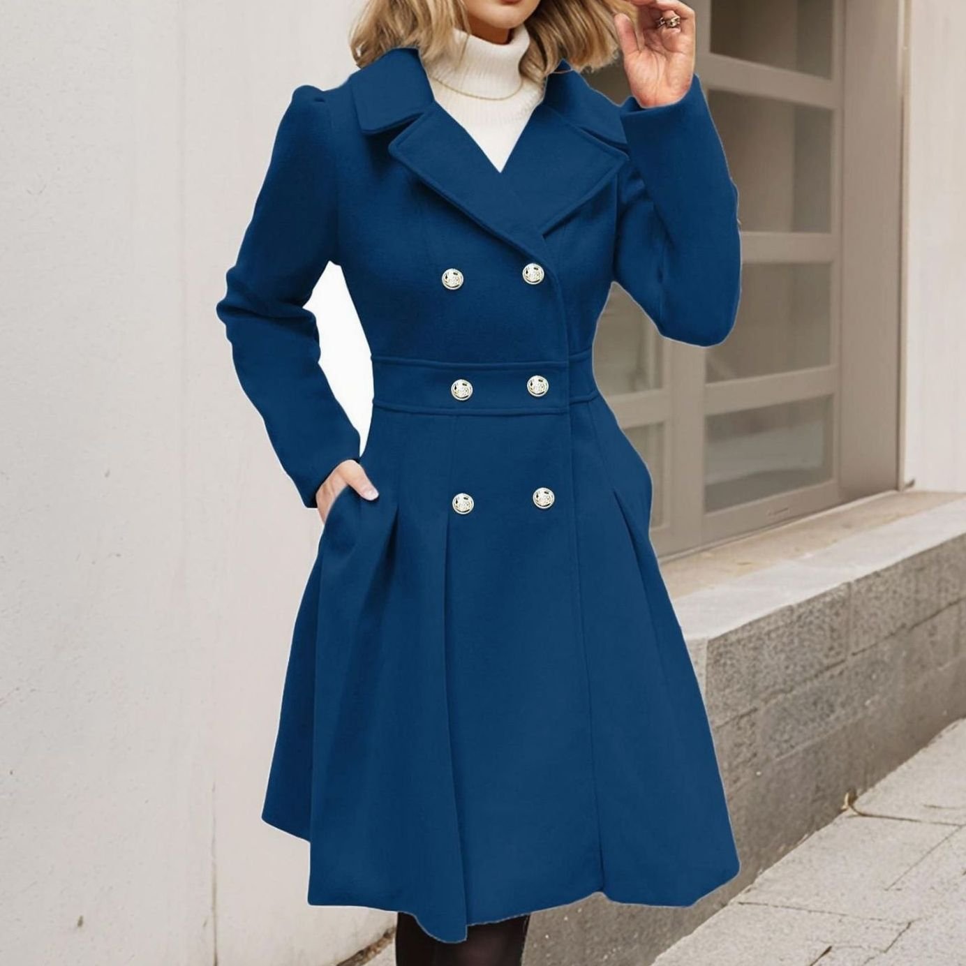 Women's Double-Breasted Pleated-Skirt Longline Wool-Blend Coat