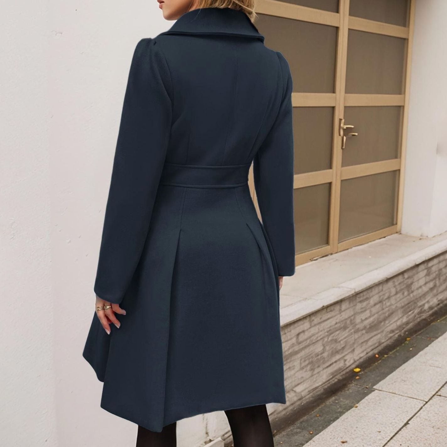 Women's Double-Breasted Pleated-Skirt Longline Wool-Blend Coat