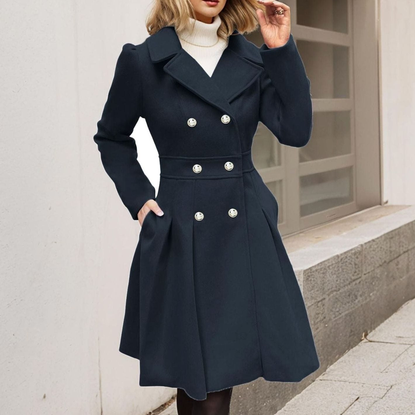 Women's Double-Breasted Pleated-Skirt Longline Wool-Blend Coat - Black