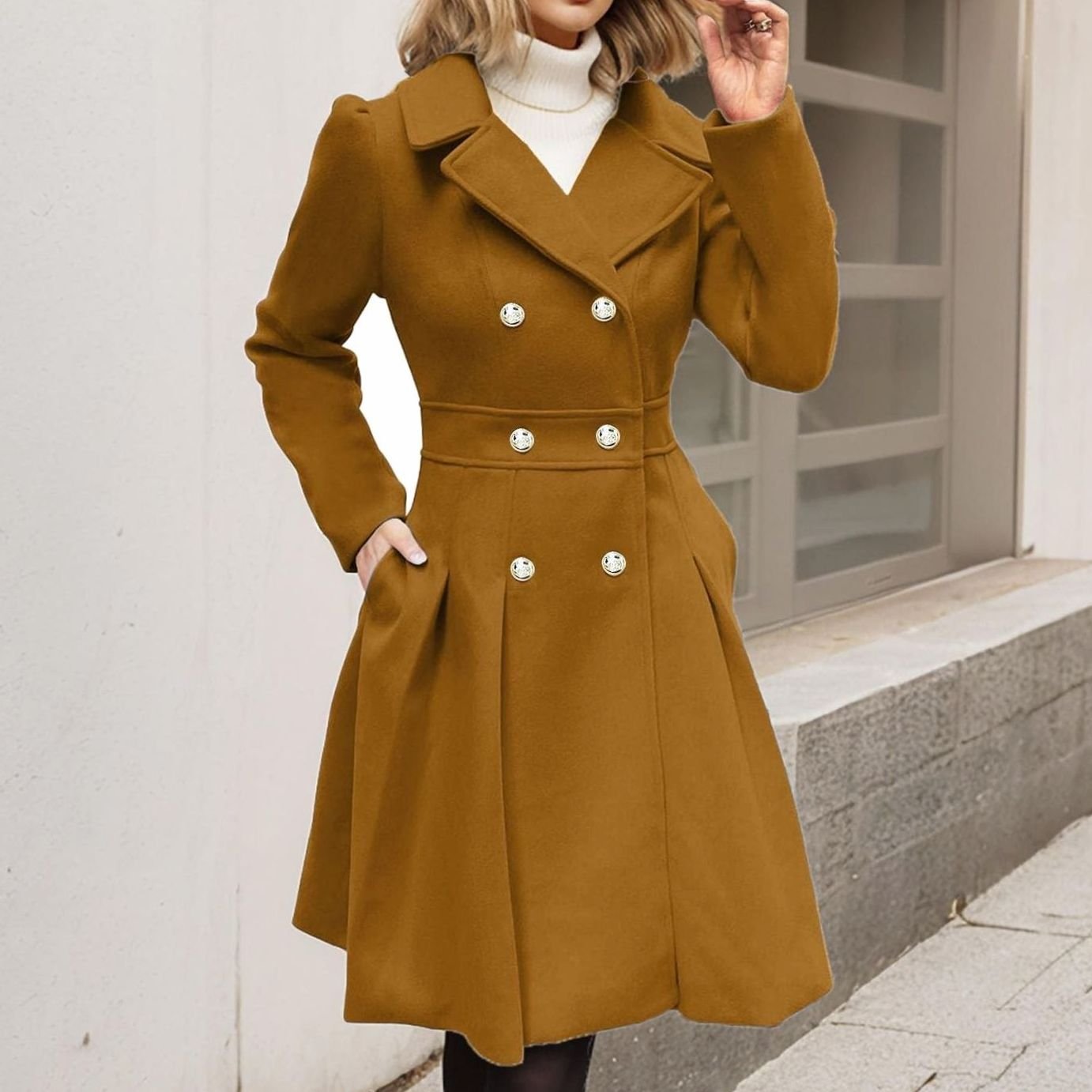 Women's Double-Breasted Pleated-Skirt Longline Wool-Blend Coat - Camel