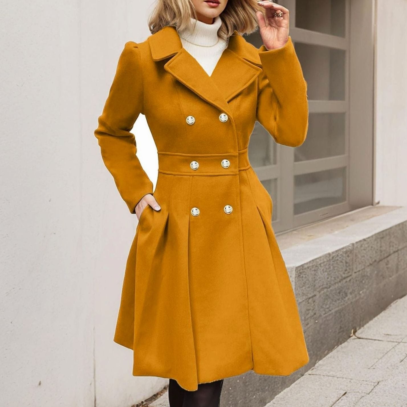 Women's Double-Breasted Pleated-Skirt Longline Wool-Blend Coat - Yellow